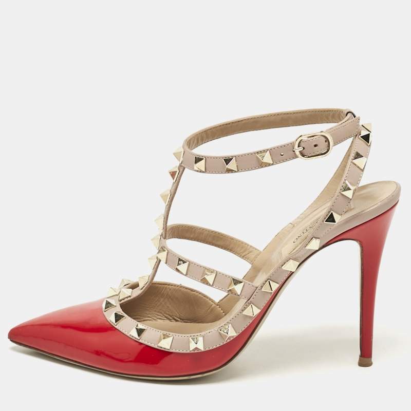 Pre Owned Valentino Red/Beige Patent and Leather Rockstud Ankle Strap Pumps Size 38