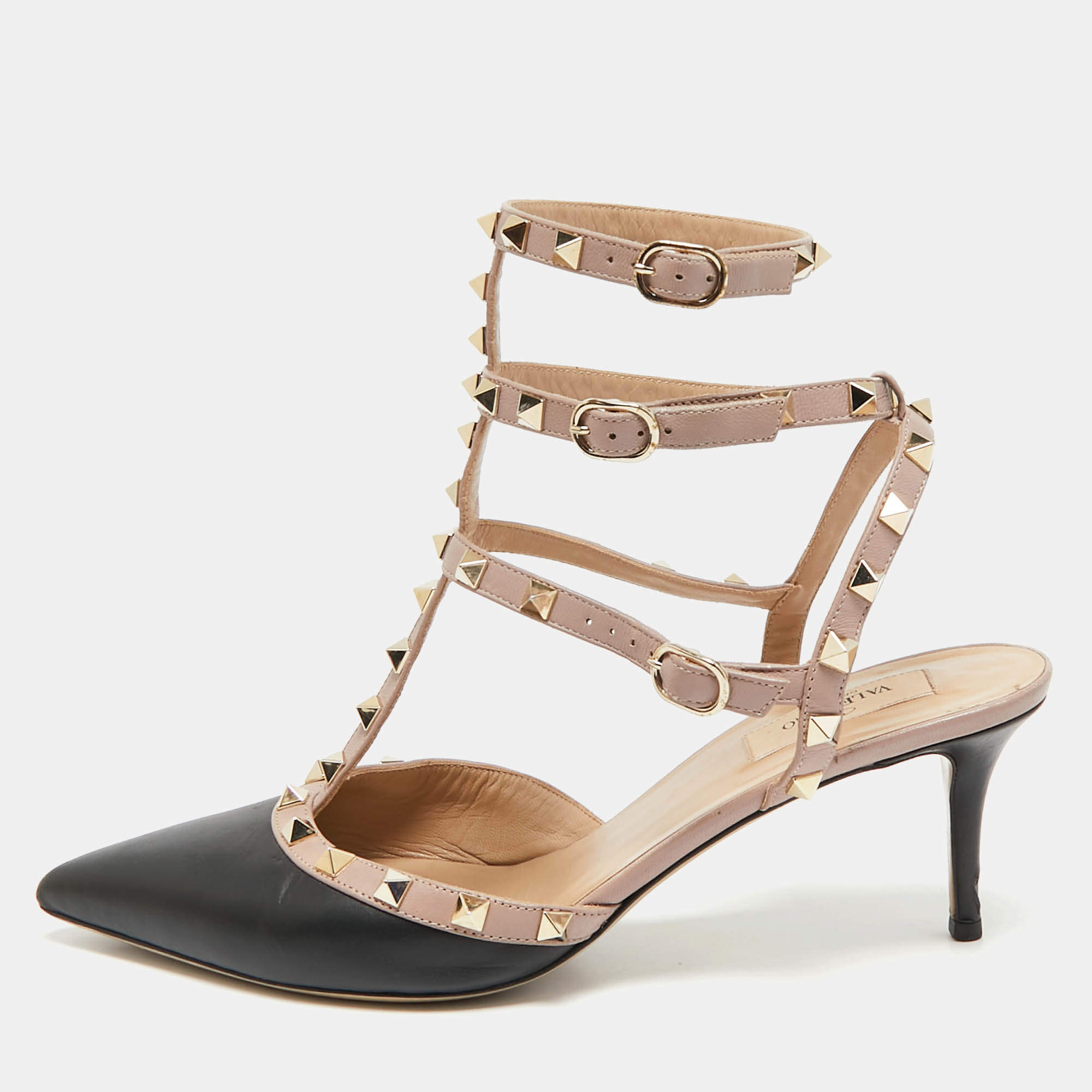 Pre Owned Valentino Black/Pink Leather Rockstud Ankle Strap Pumps Size 41