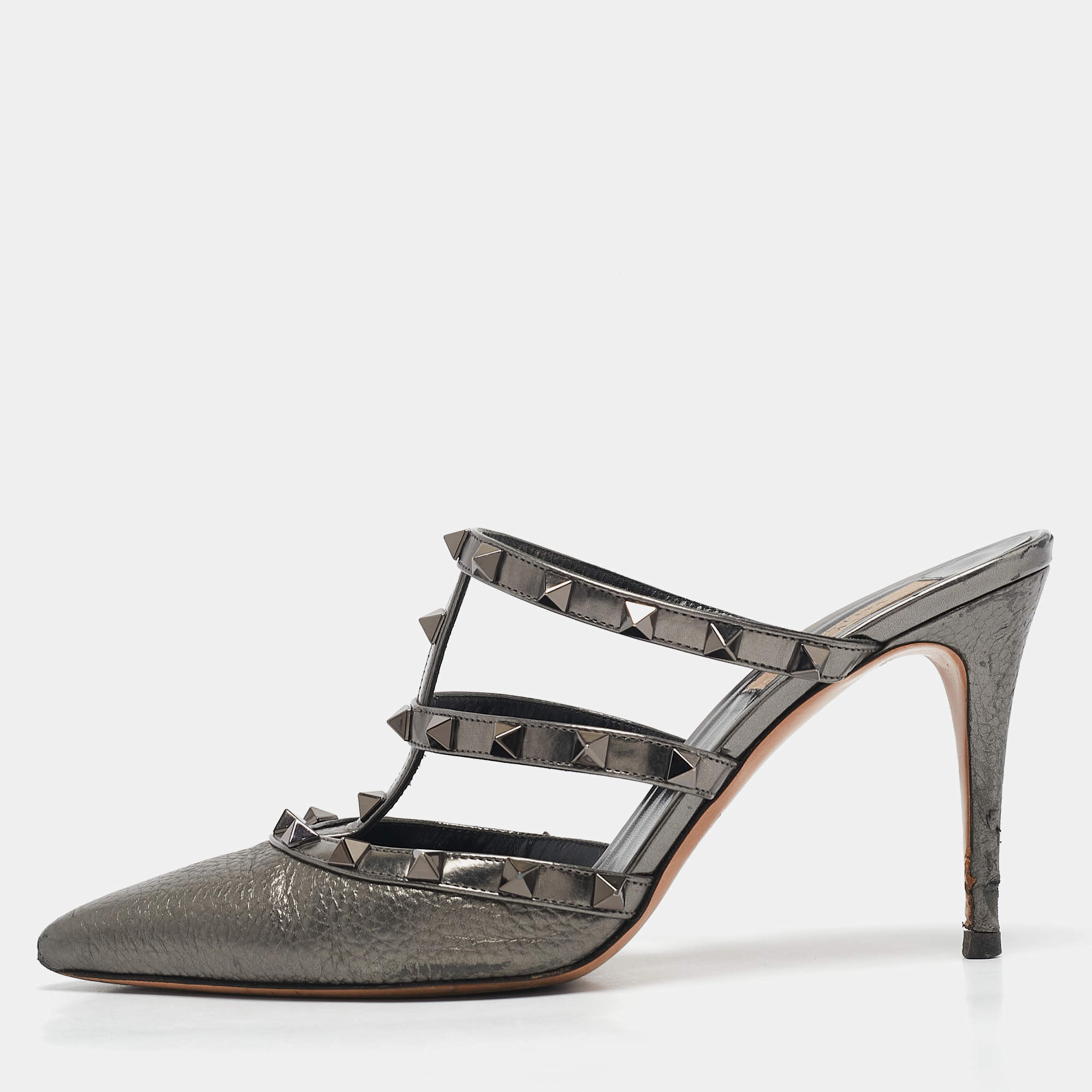 Valentino Metallic Grey Leather Rockstud Mules Size 39