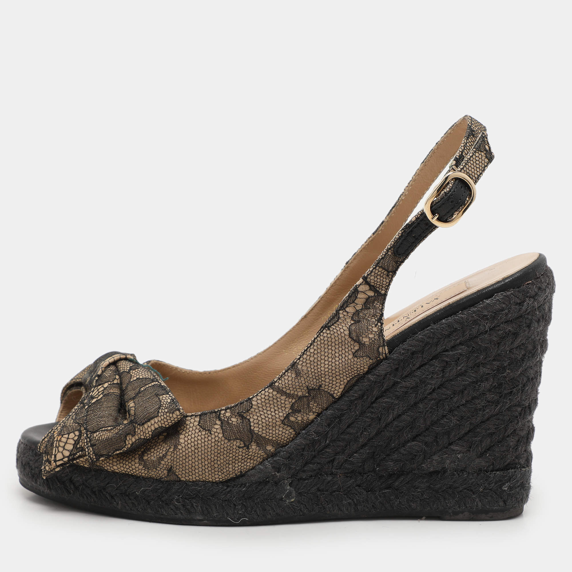 Valentino Black/Beige Lace Bow Slingback Wedge Espadrille Sandals Size 36.5