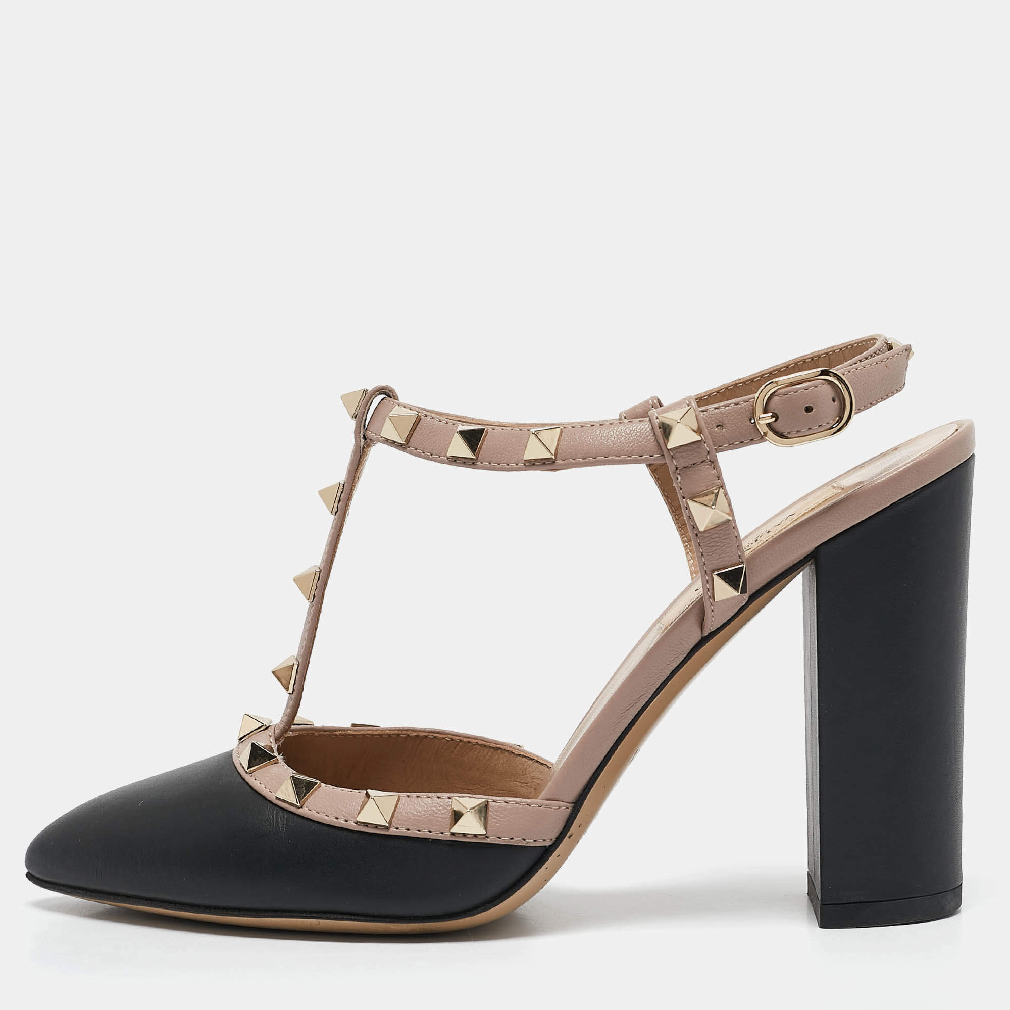 Pre Owned Valentino Black/Dusty Pink Leather Rockstud Caged Pumps Size 38