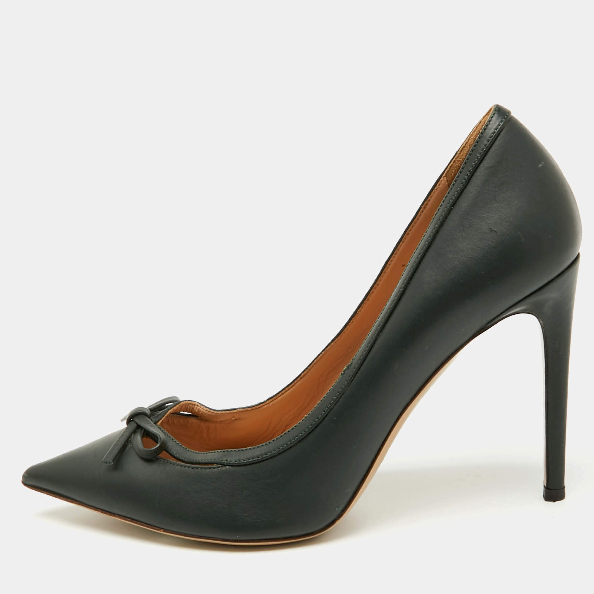 Pre Owned Valentino Dark Green Leather Bow Cut Out Pointed Toe Pumps Size 38.5