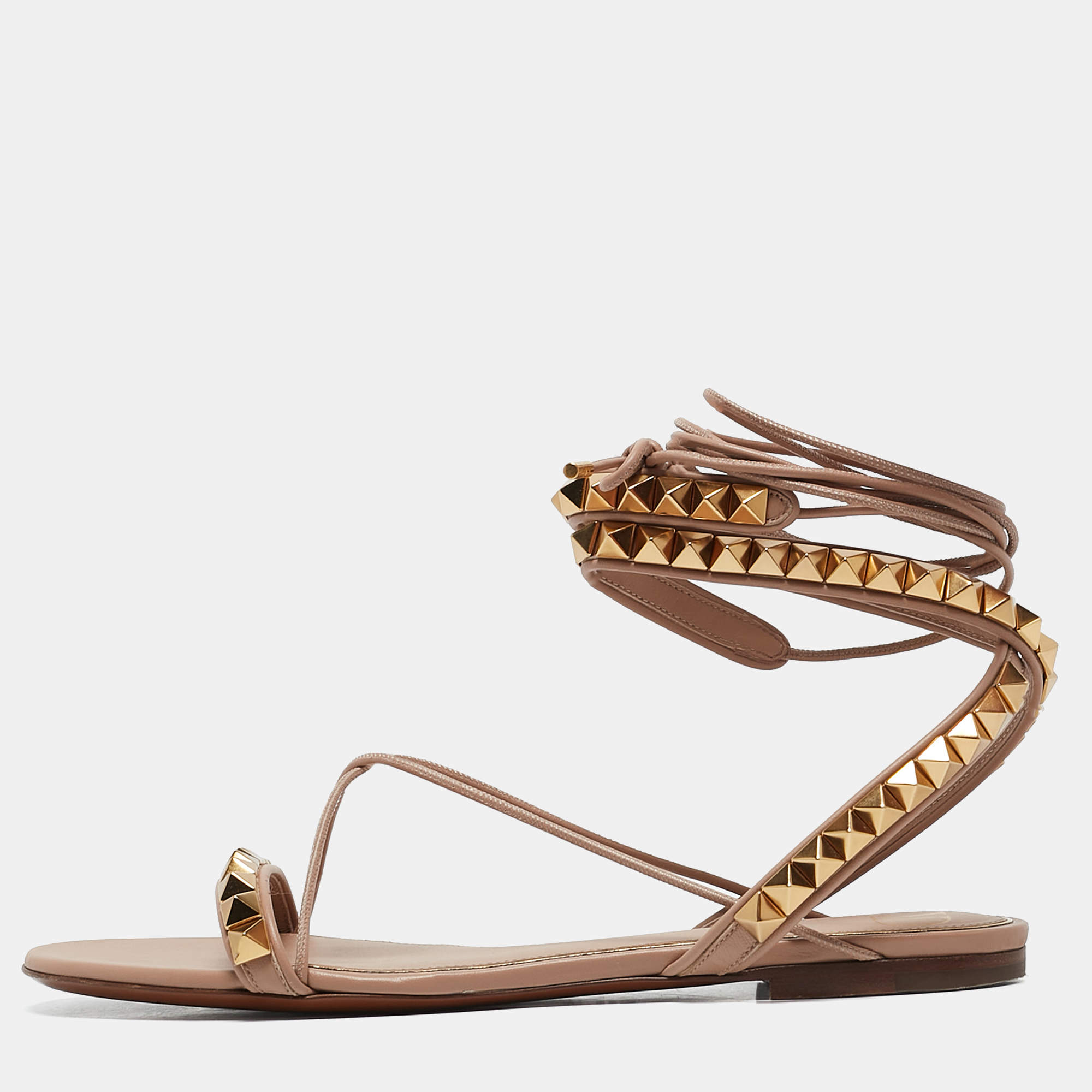 Valentino Beige Leather Rockstud Ankle Wrap Flat Sandals Size 39