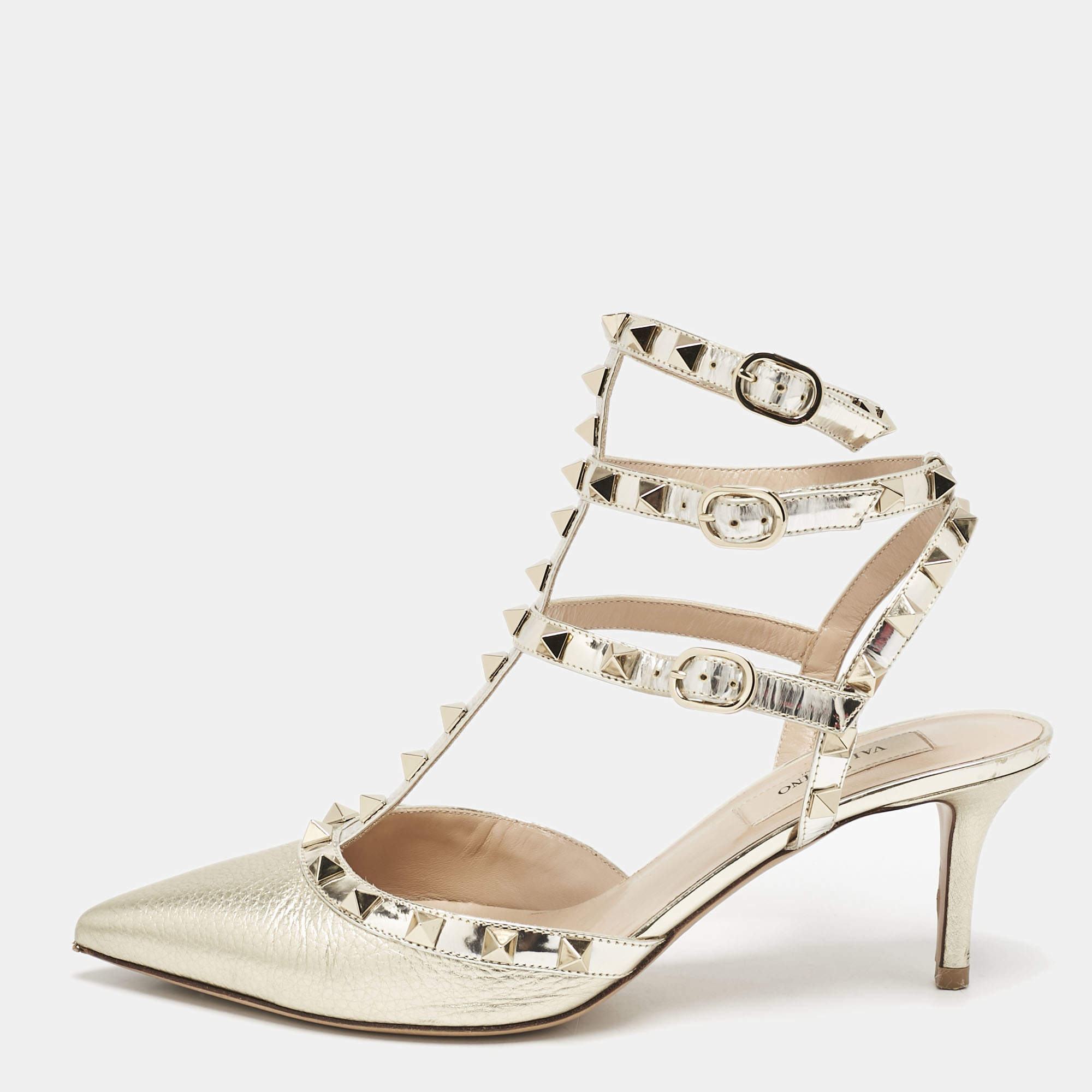 Pre Owned Valentino Gold Patent and Leather Rockstud Ankle Strap Pumps Size 37.5