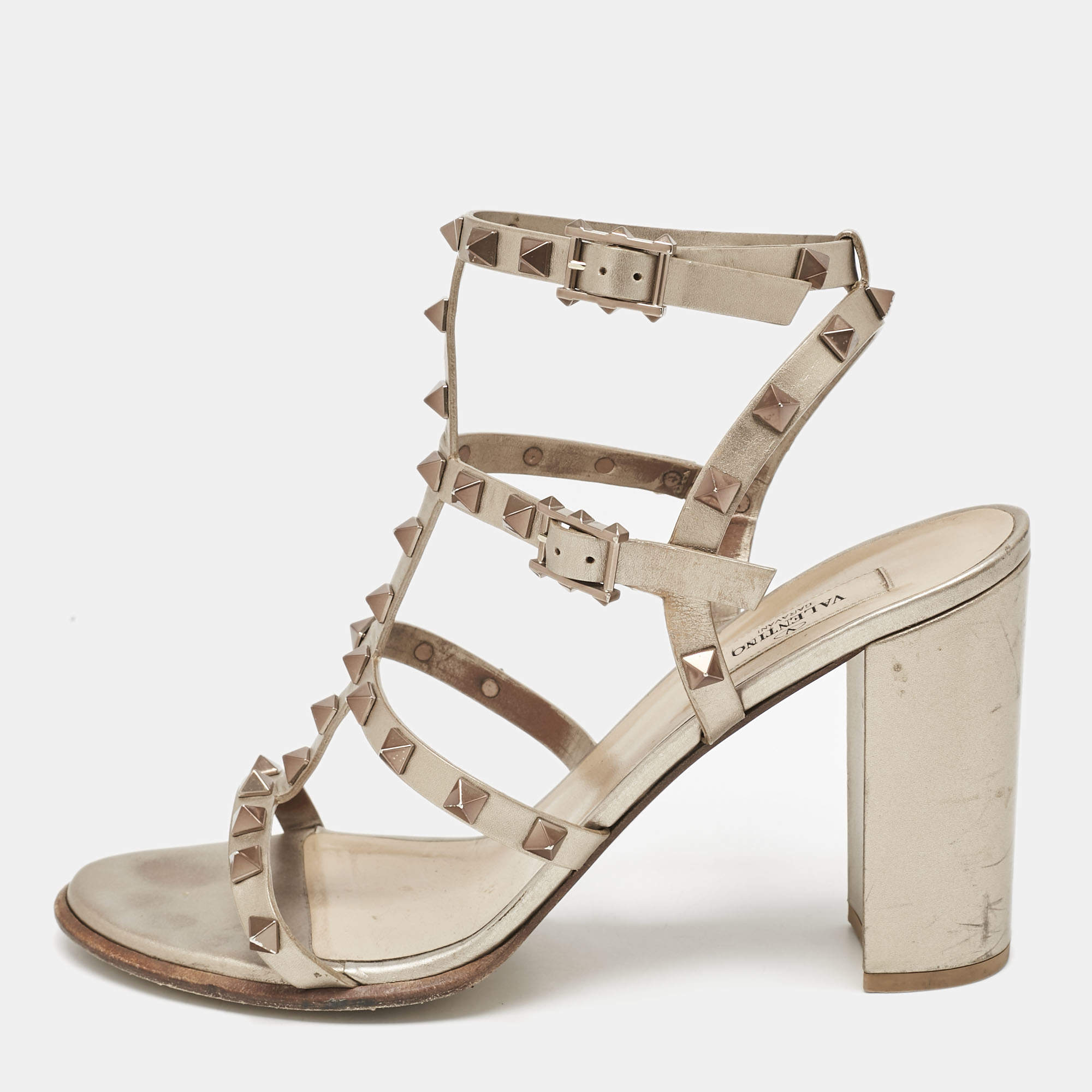 Valentino Metallic Gold Leather Rockstud Ankle Strap Sandals Size 40.5
