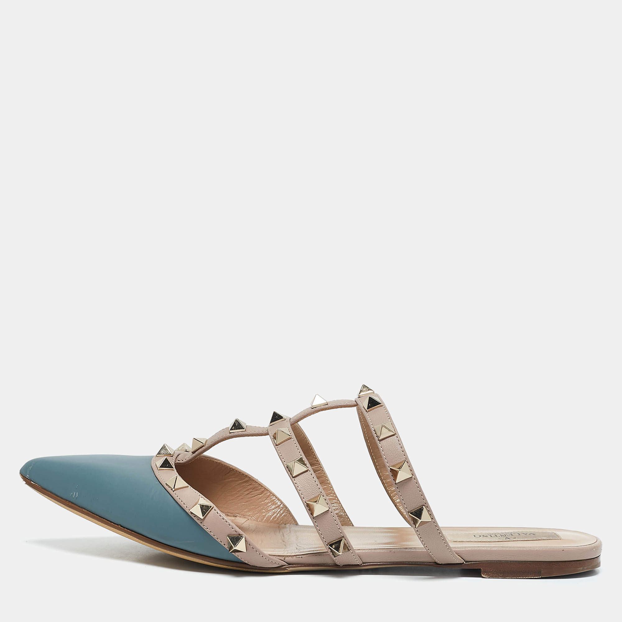 Valentino Beige/Blue Leather Pointed Toe Rockstud Flat Mules Size 39.5