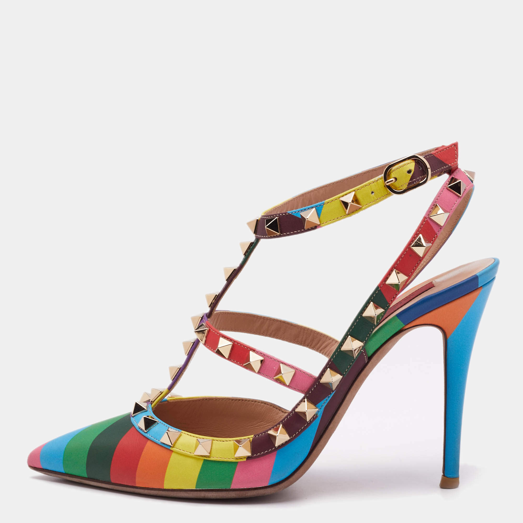 Valentino Multicolor Leather Striped Rockstud Ankle Strap Pumps Size 37