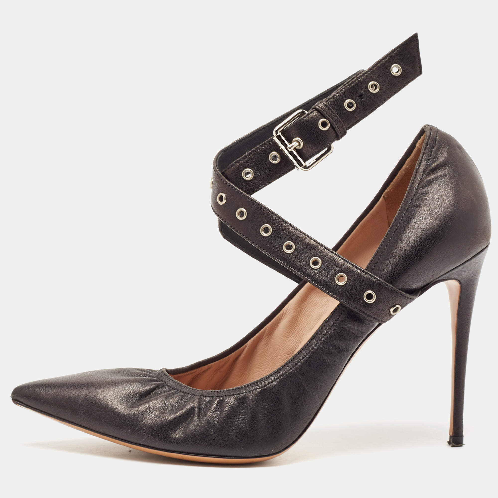 Valentino Black Leather Grommet Love Latch Pumps Size 39.5