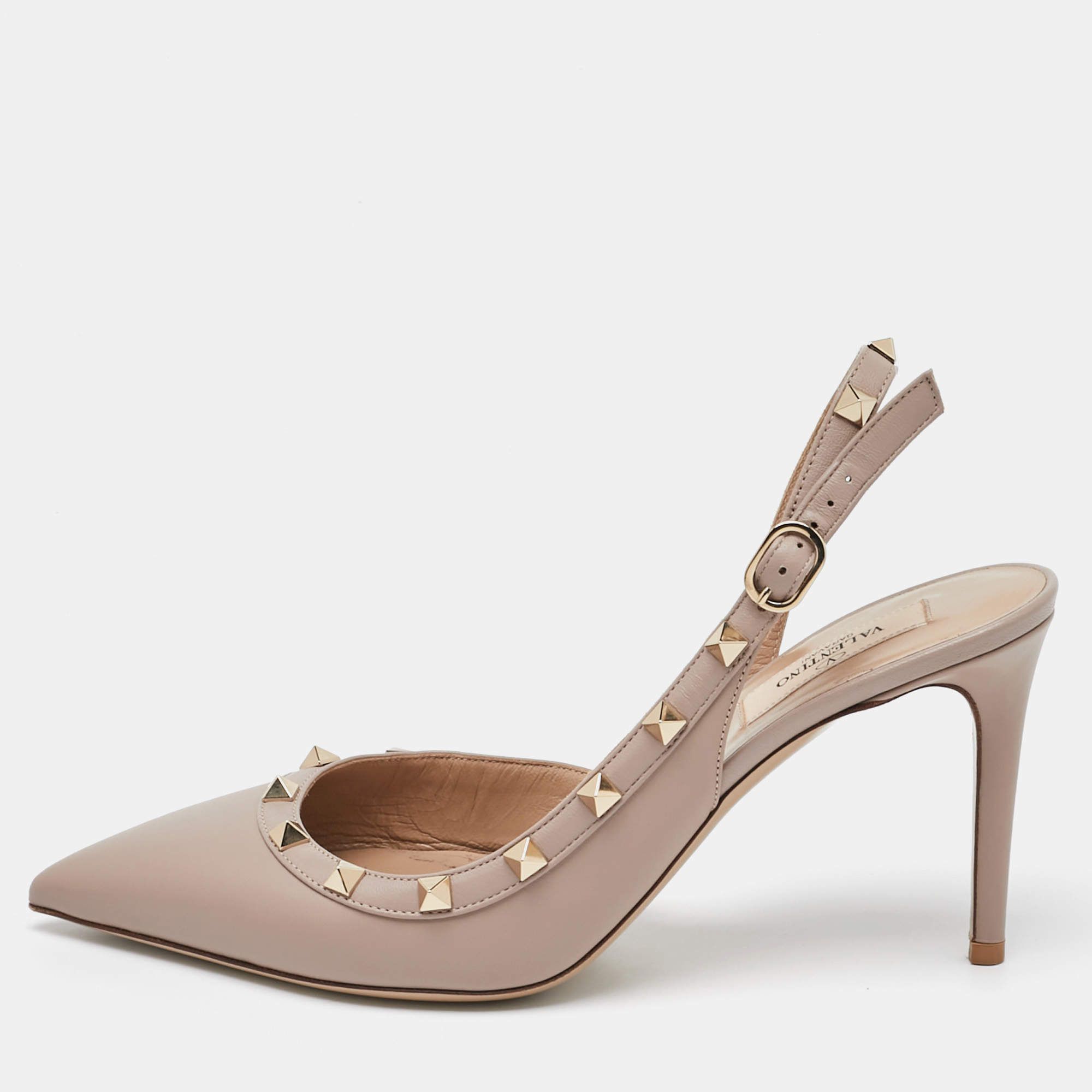 Pre Owned Valentino Dusty Pink Leather Rockstud Slingback Pointed Toe Pumps Size 39.5