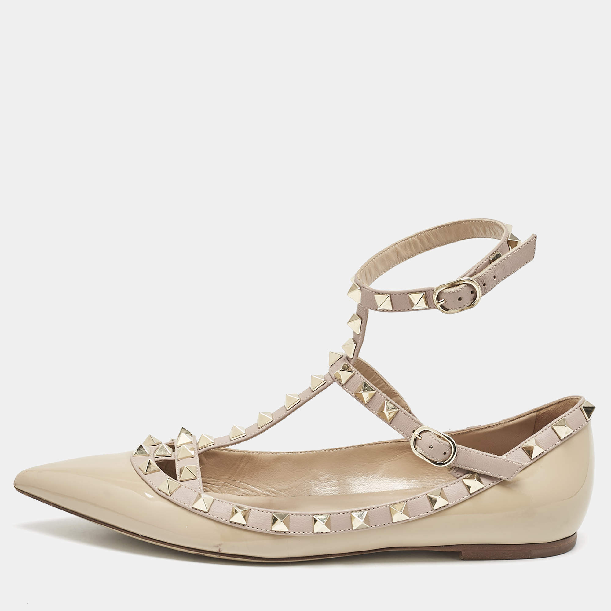Pre Owned Valentino Beige Patent Leather Rockstud Caged Ballet Flats Size 38