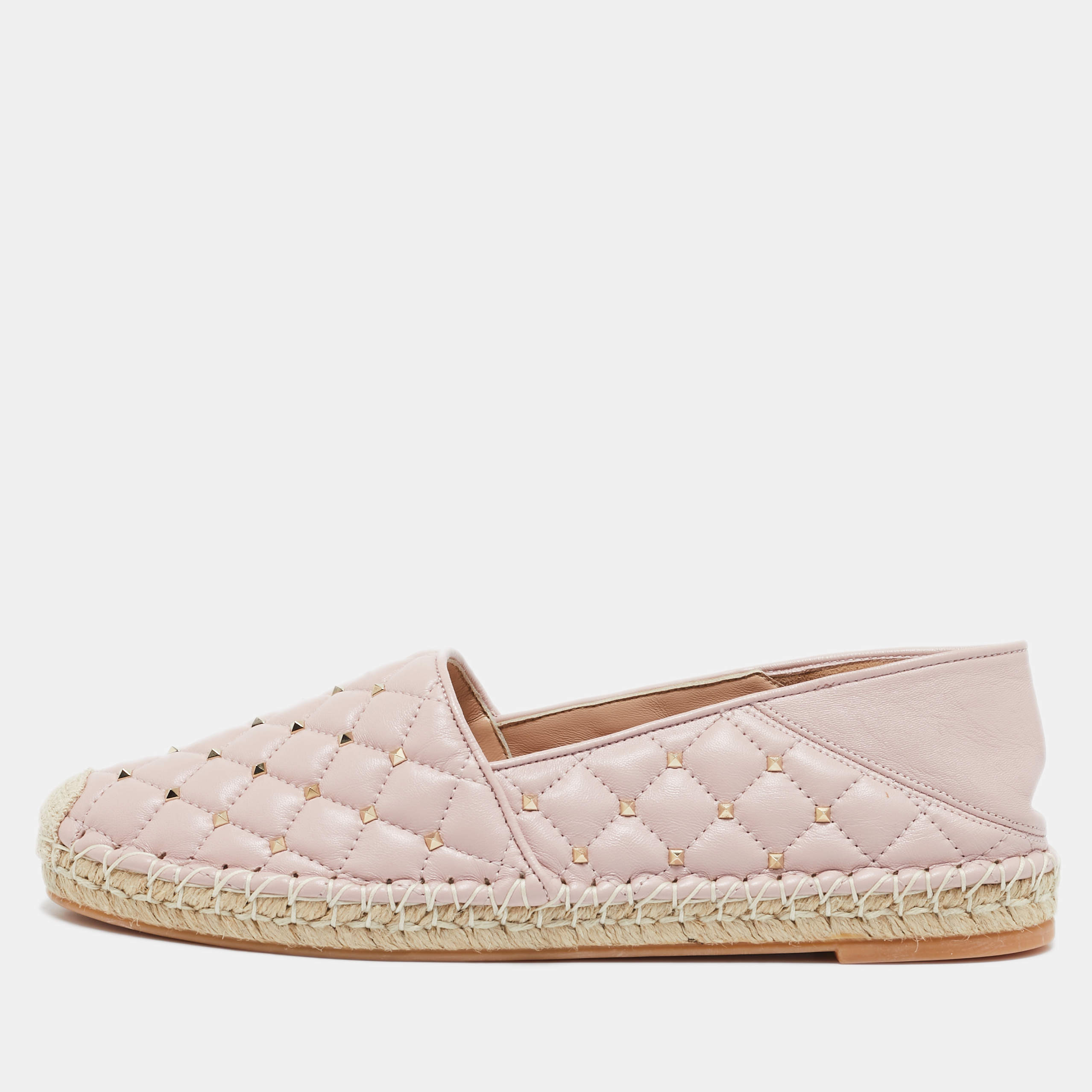 Pre Owned Valentino Light Pink Quilted Leather Rockstud Slip On Espadrille Flats Size 40