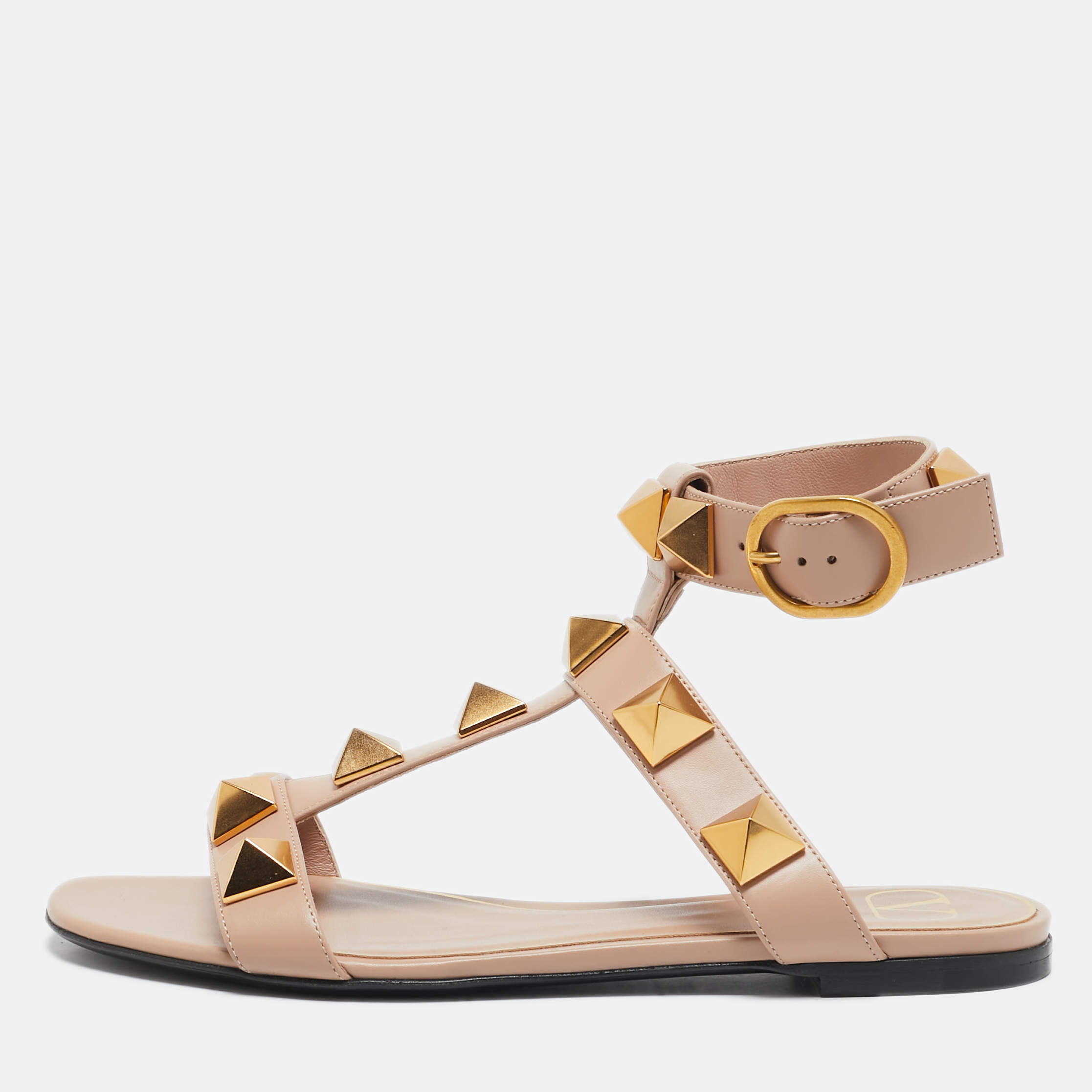 Pre Owned Valentino Beige Leather Roman Stud T Strap Flat Sandals Size 37