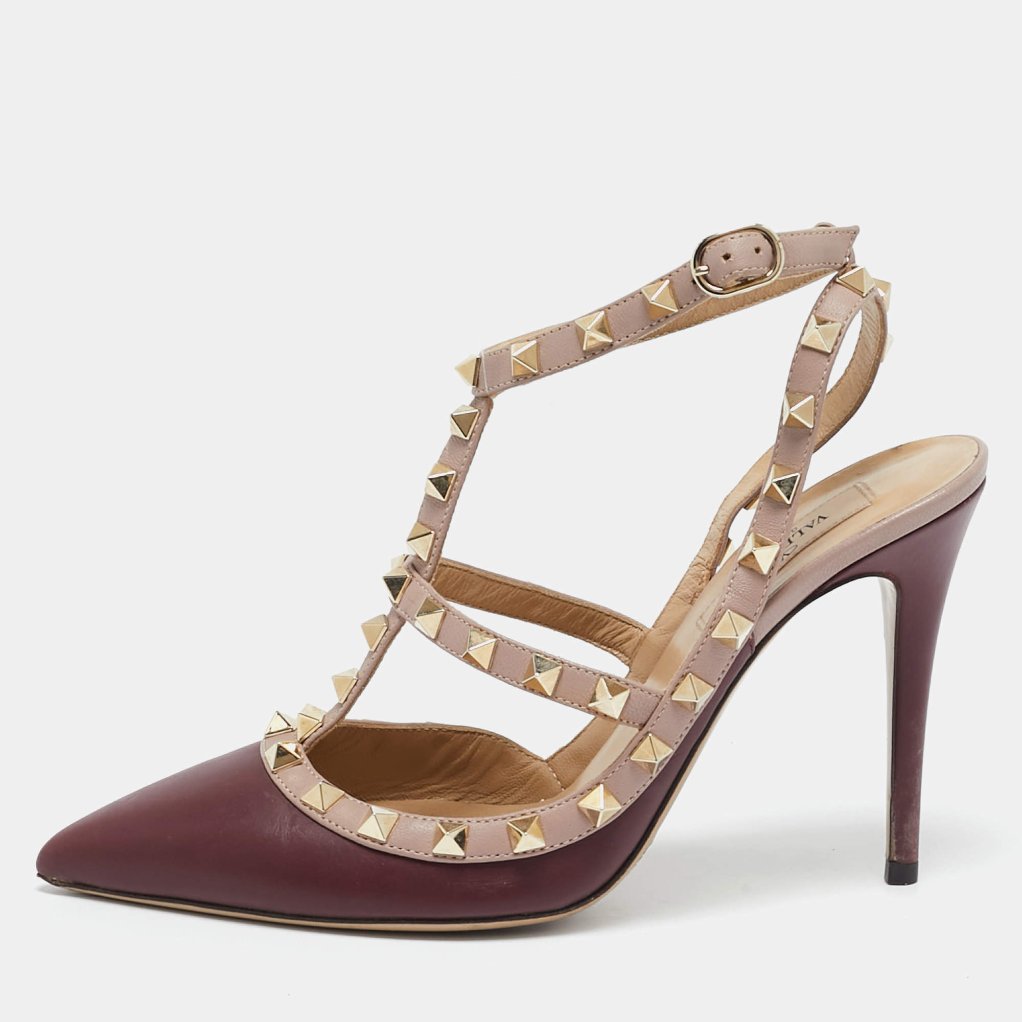 Pre Owned Valentino Burgundy/Beige Leather Rockstud Ankle Strap Pumps Size 38
