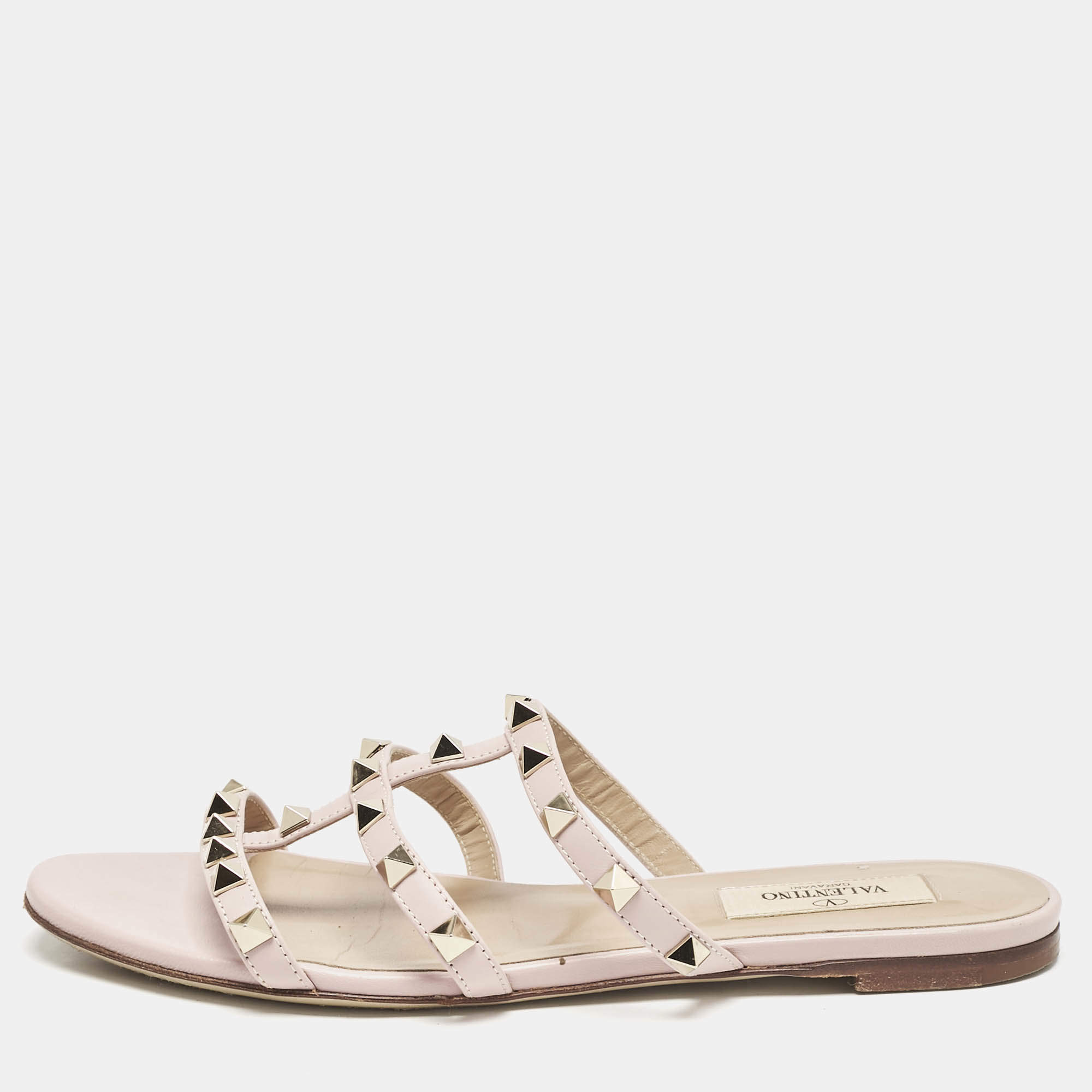 Pre Owned صندل سلايد فلات فالنتينو جلد وردي فاتح روكستد مقاس 38.5