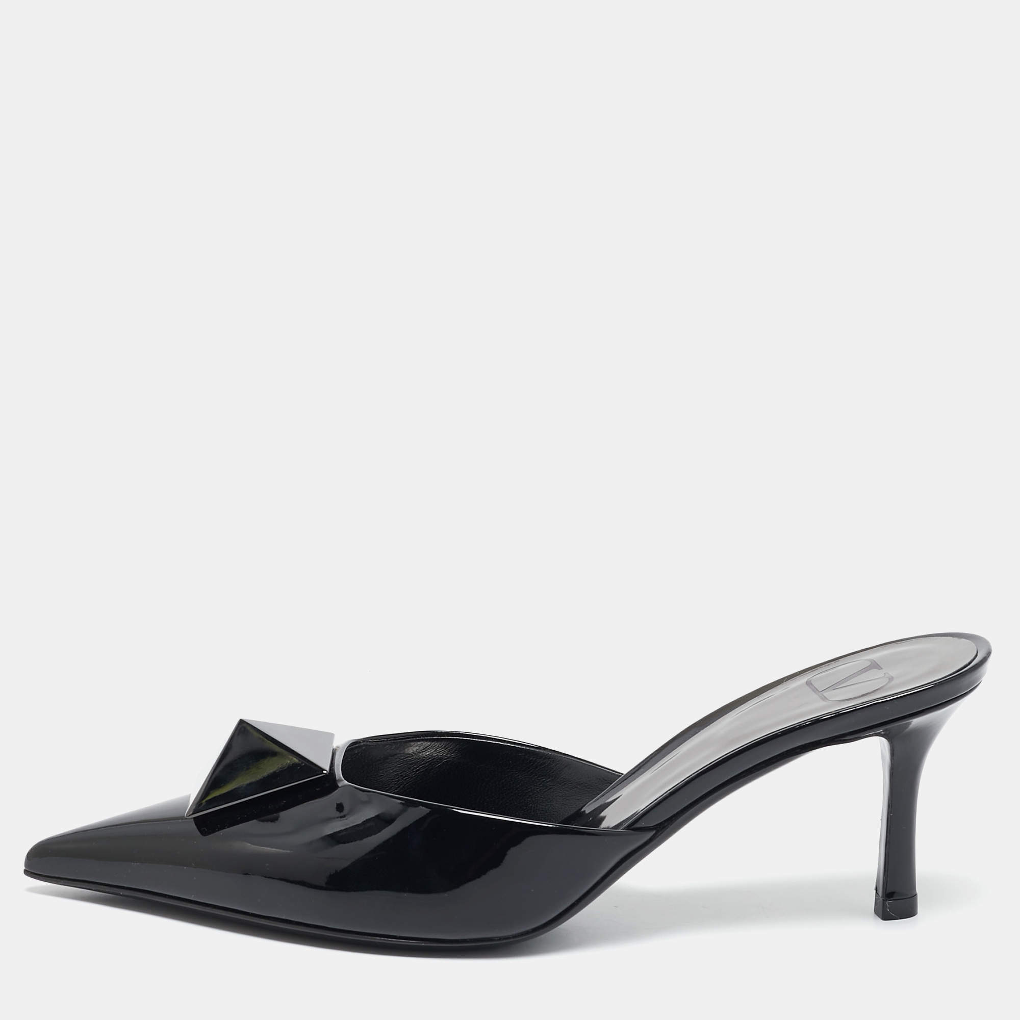 Valentino Black Patent Leather Pointed Toe One Stud Mules Size 36.5