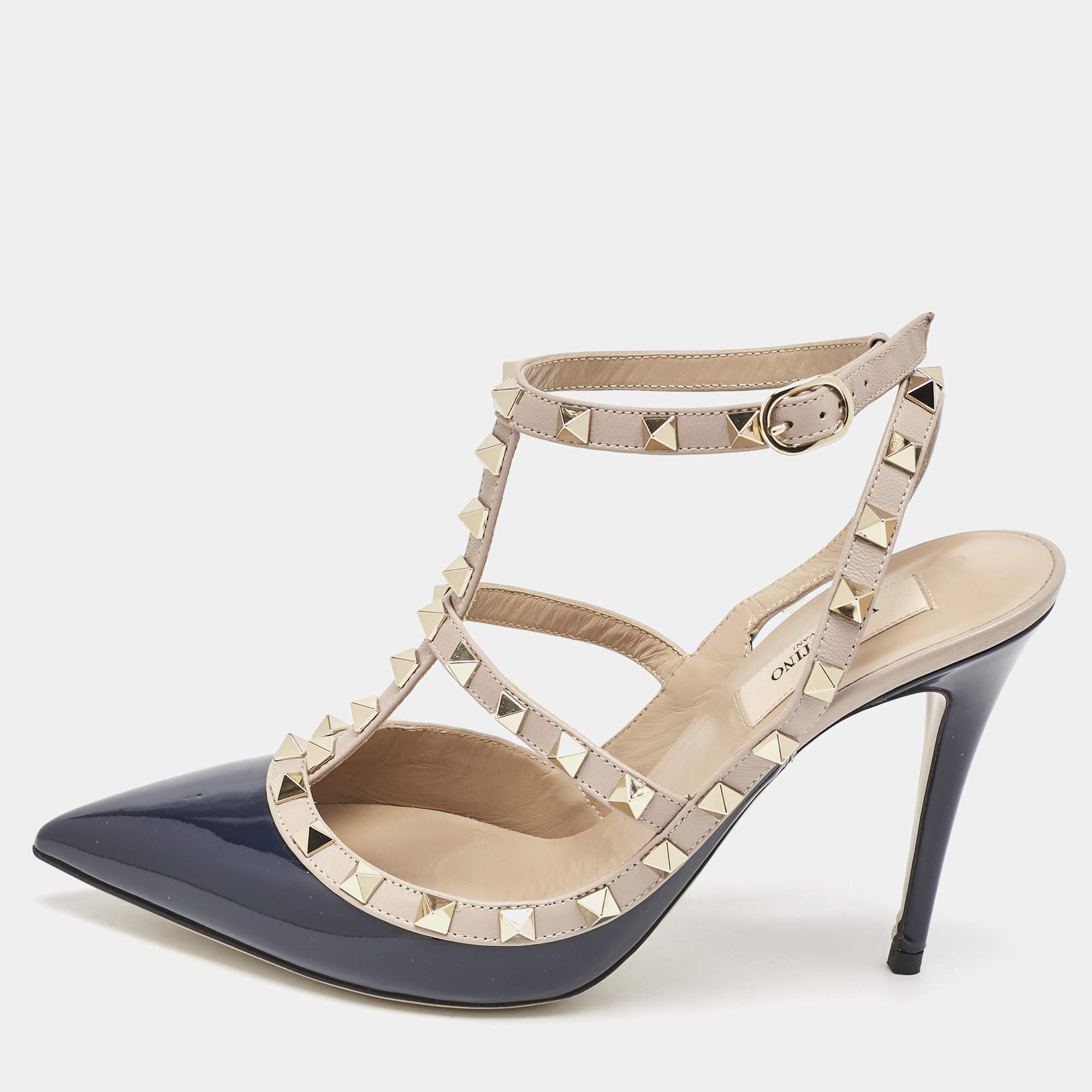 Valentino Navy Blue/Beige Leather and Patent Rockstud Caged Pumps Size 38.5