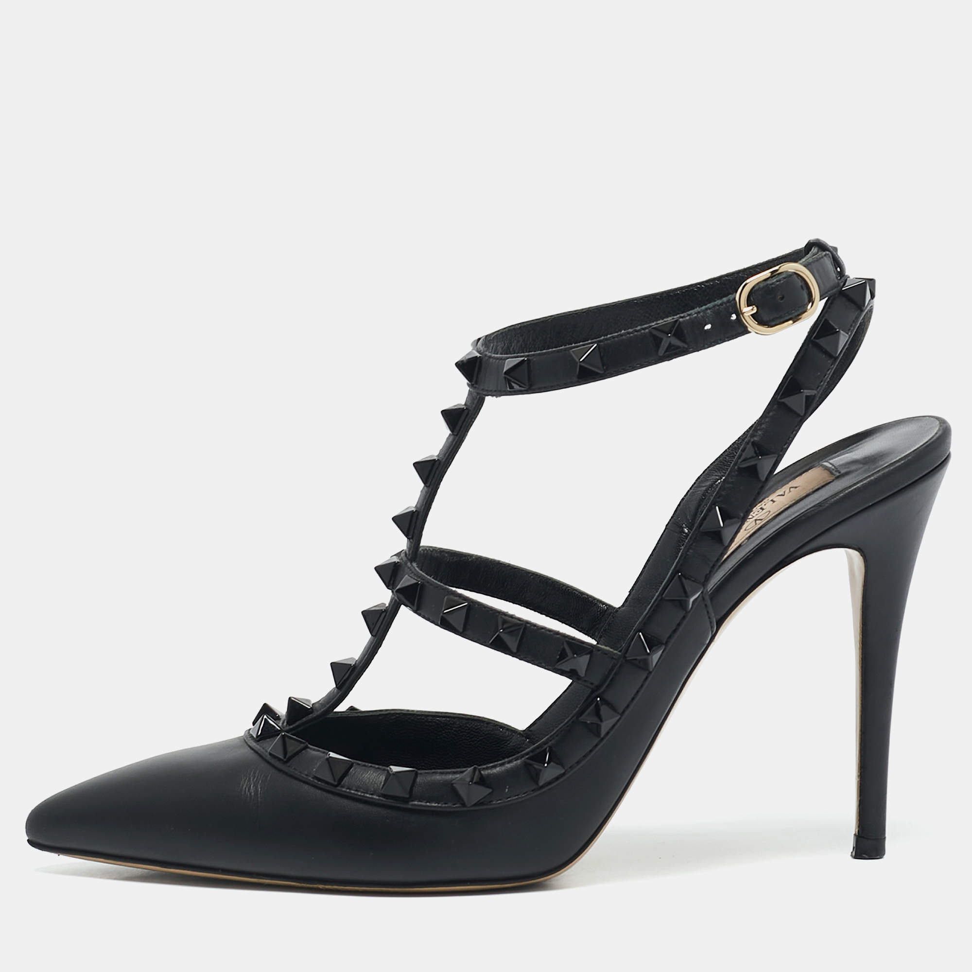 Valentino Black Leather Rockstud Ankle Strap Pumps Size 40