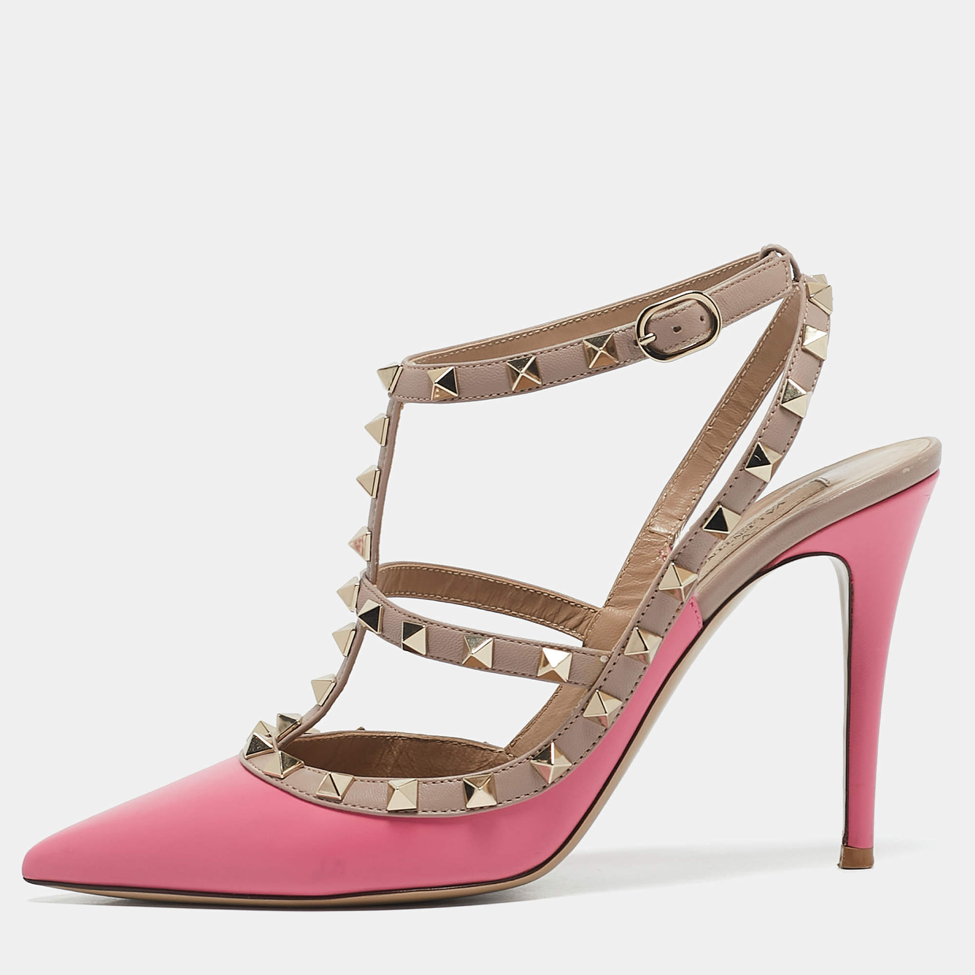 Valentino Pink/Beige Leather Rockstud Ankle Strap Pumps Size 39.5