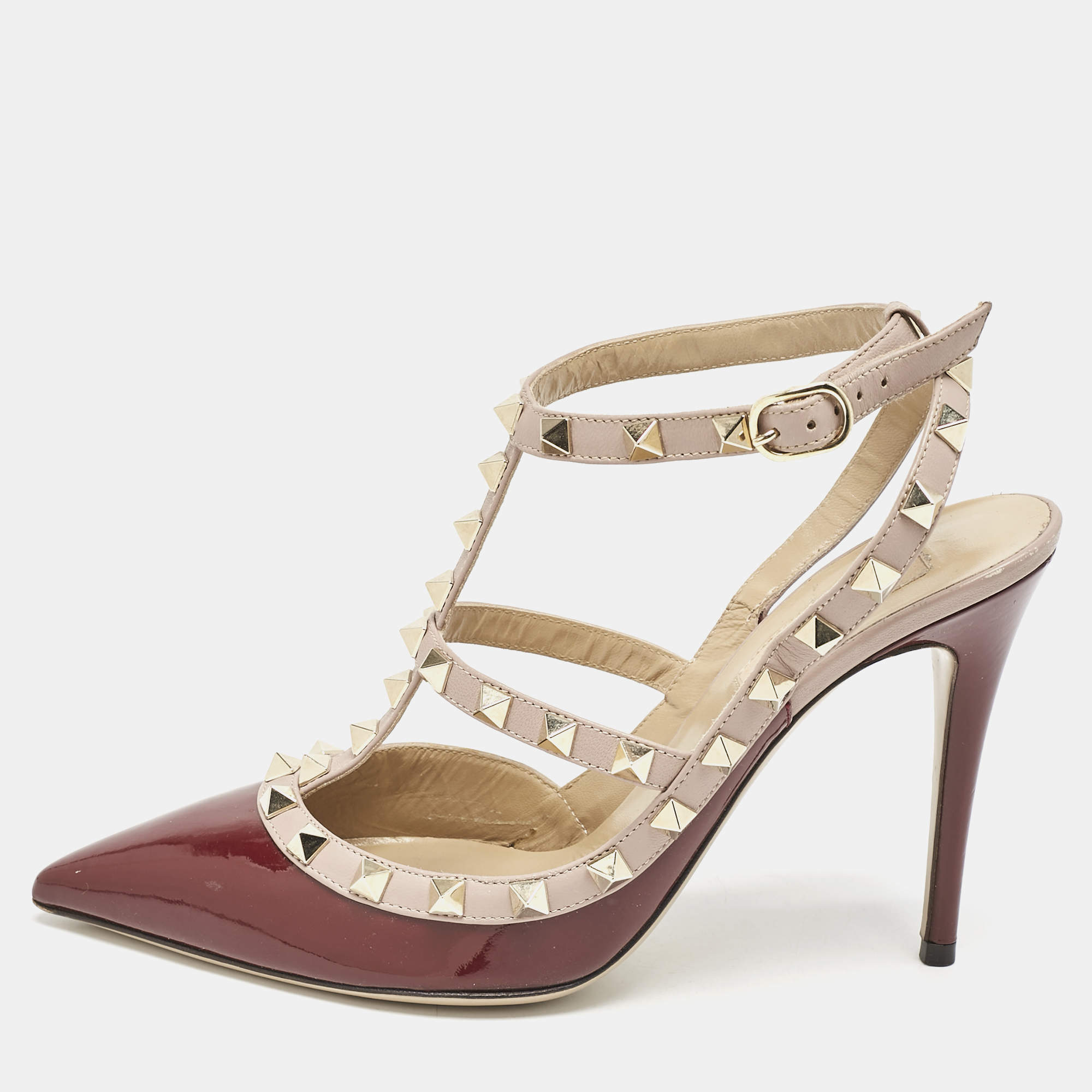 Pre Owned Valentino Burgundy Patent Leather Rockstud Ankle Strap Pumps Size 38