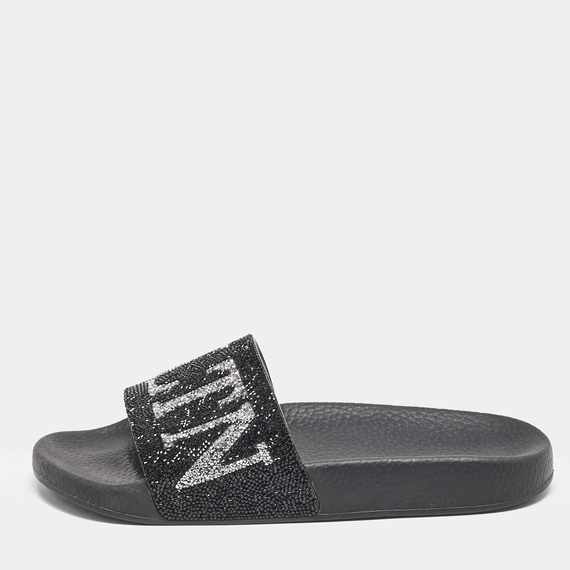 Valentino Black Leather Crystal Embellished Flat Slides Size 37