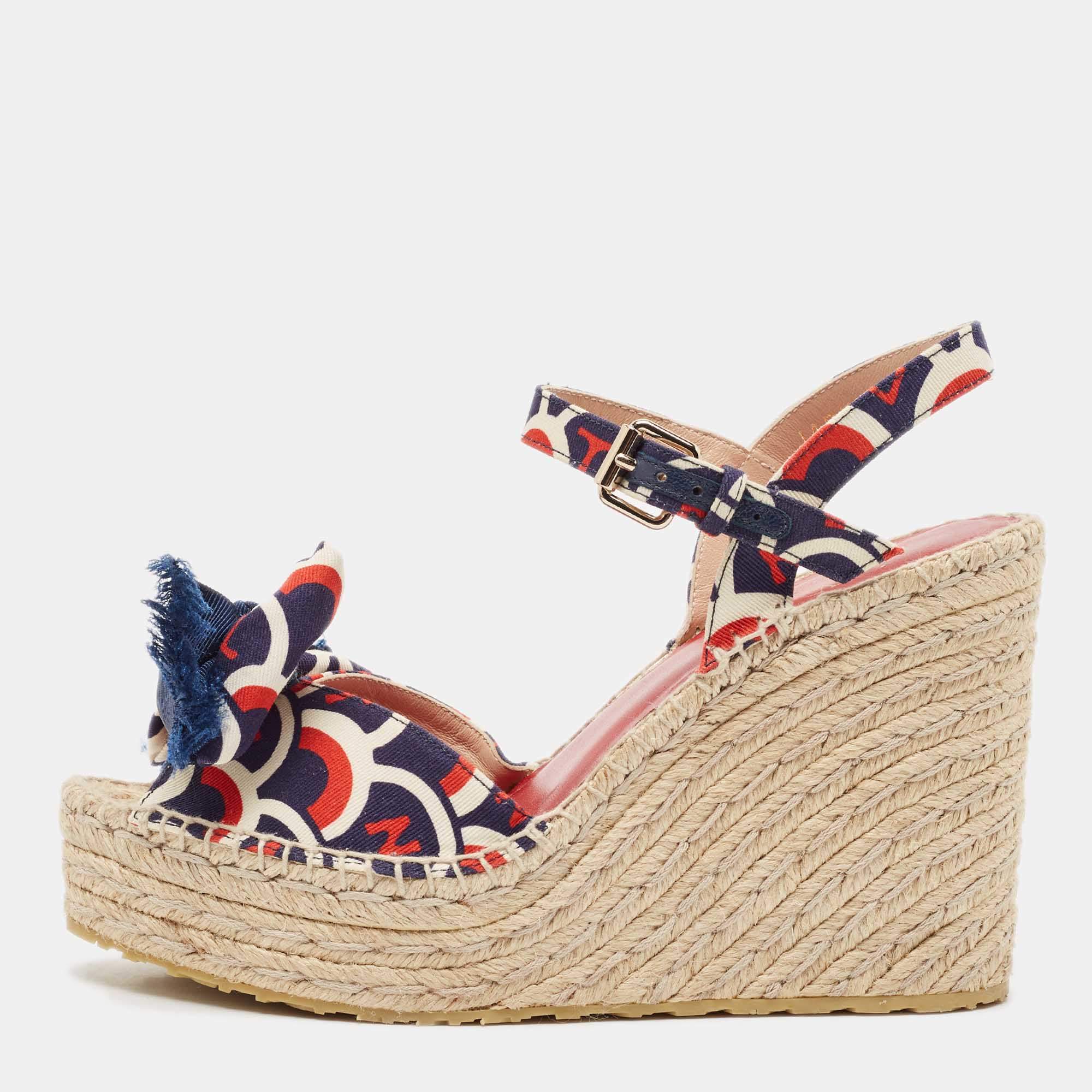 Pre Owned Valentino Multicolor Canvas Bow Wedge Sandals Size 38