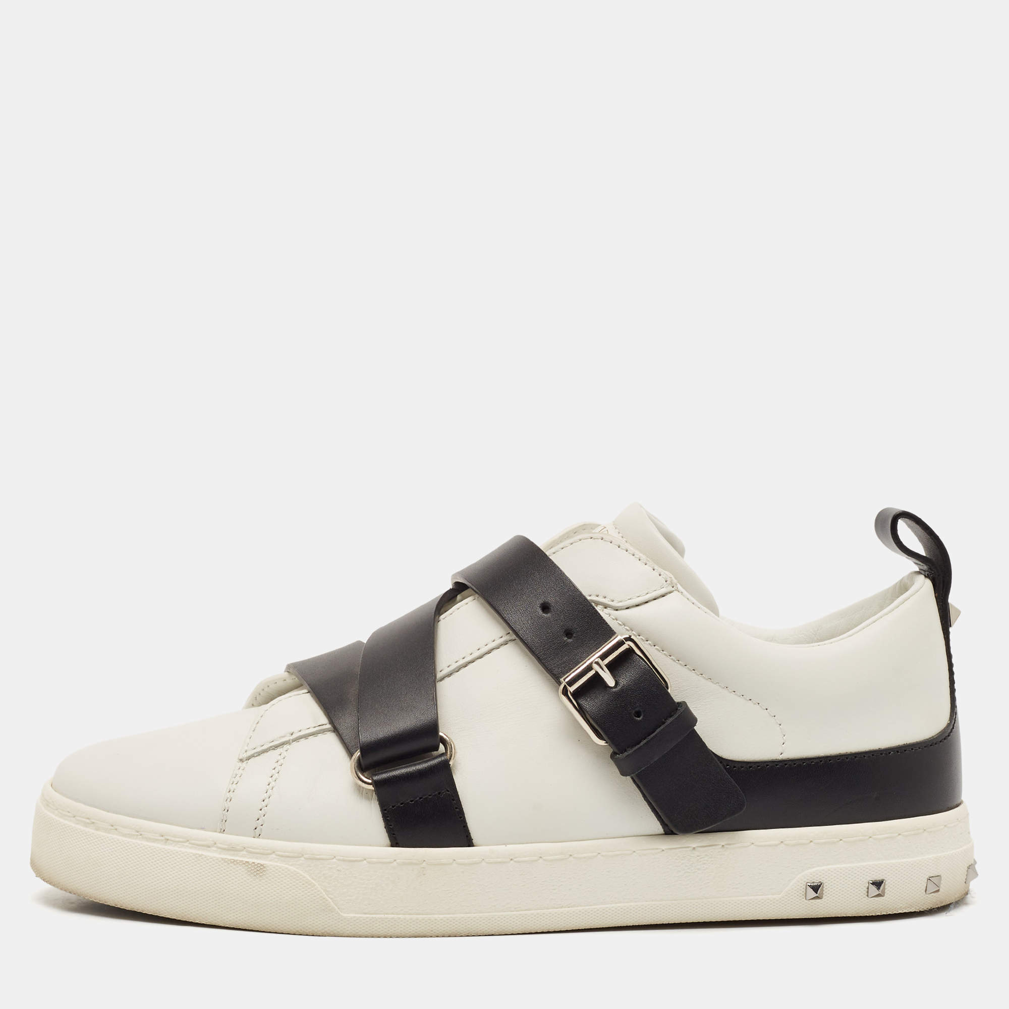 Valentino White/Black Leather Buckle Strap Rockstud Low Top Sneakers Size 38.5