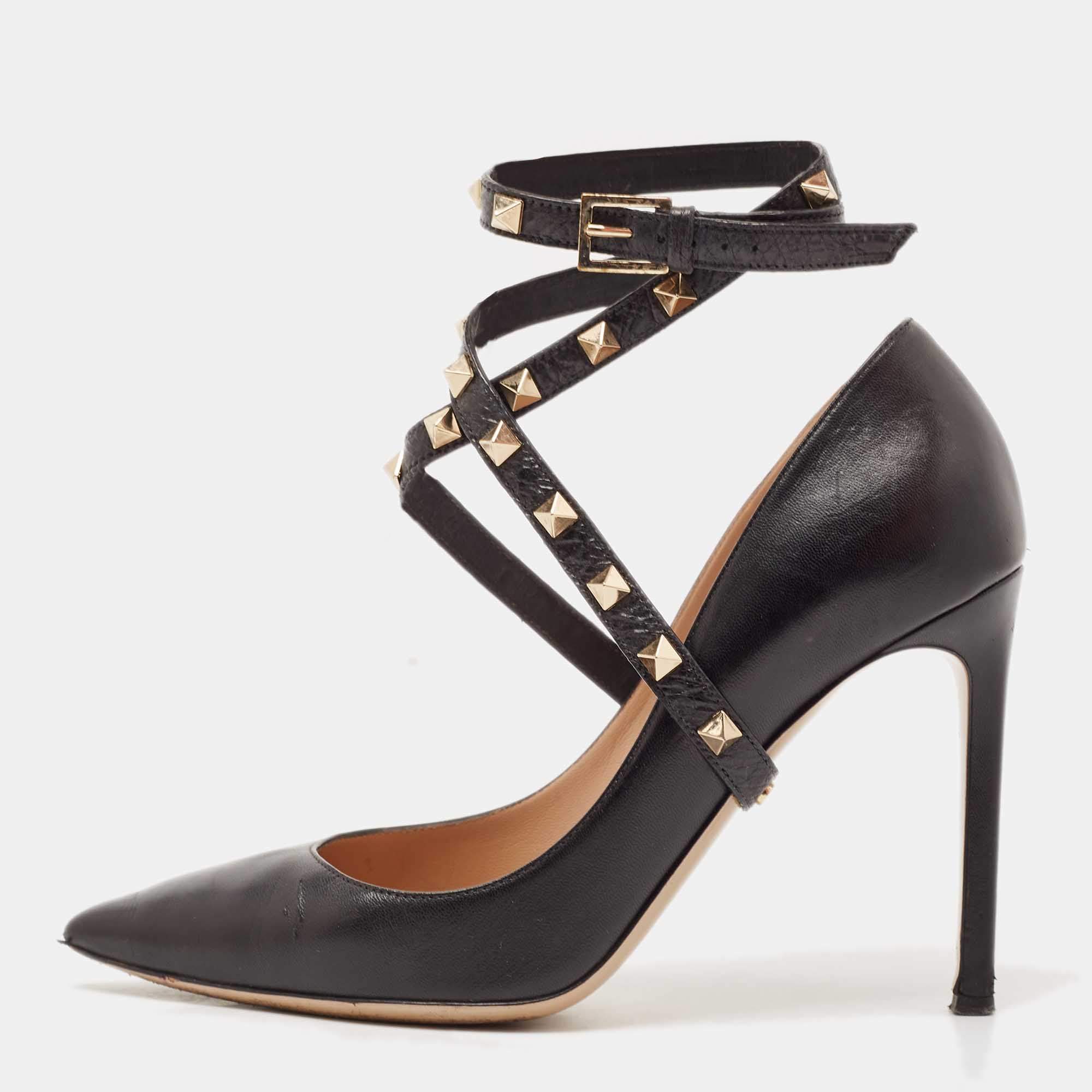 Pre Owned Valentino Black Leather Rockstud Ankle Wrap Pumps Size 38