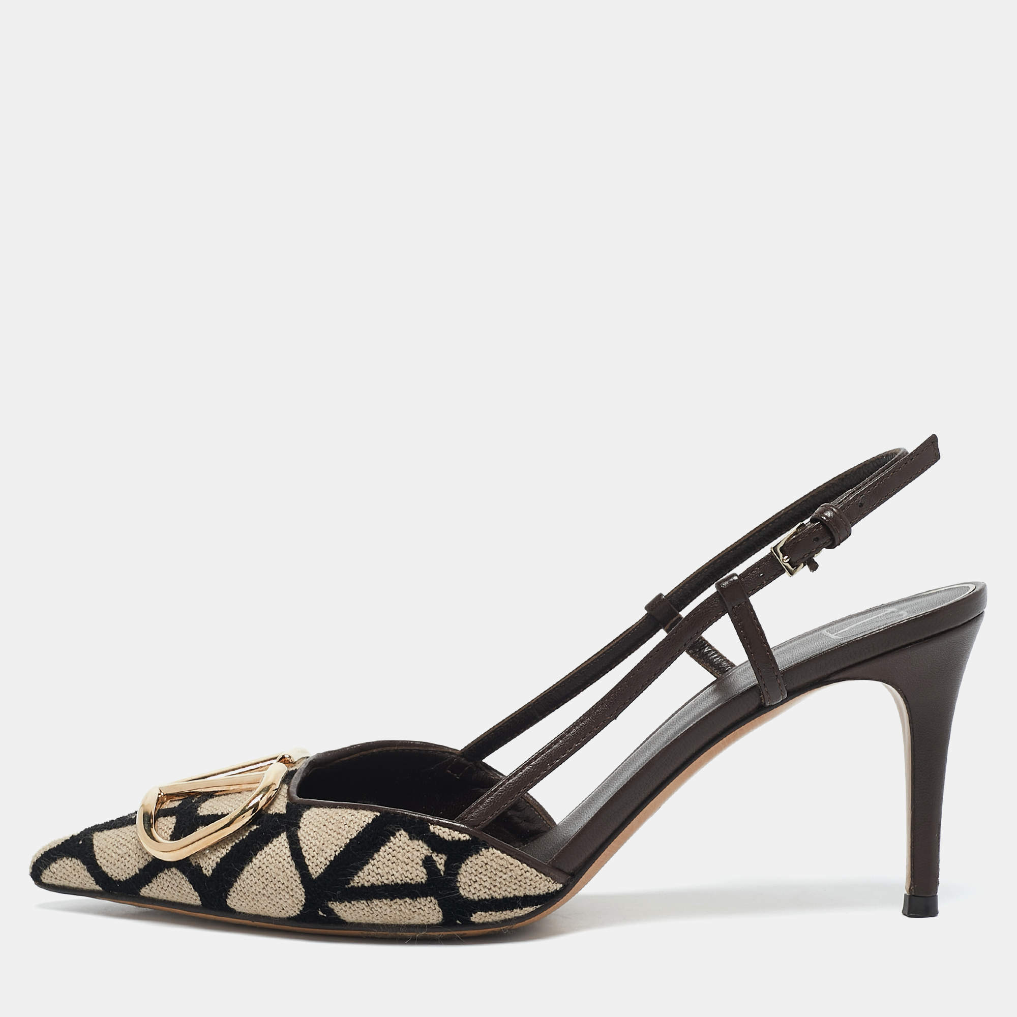 Pre Owned Valentino Beige/Dark Brown Canvas and Leather VLogo Slingback Pumps Size 37