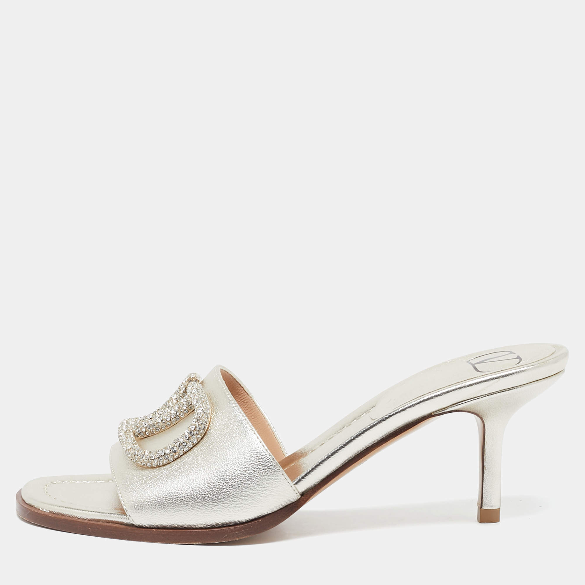 Valentino Metallic Leather VLogo Signature Slide Sandals Size 36