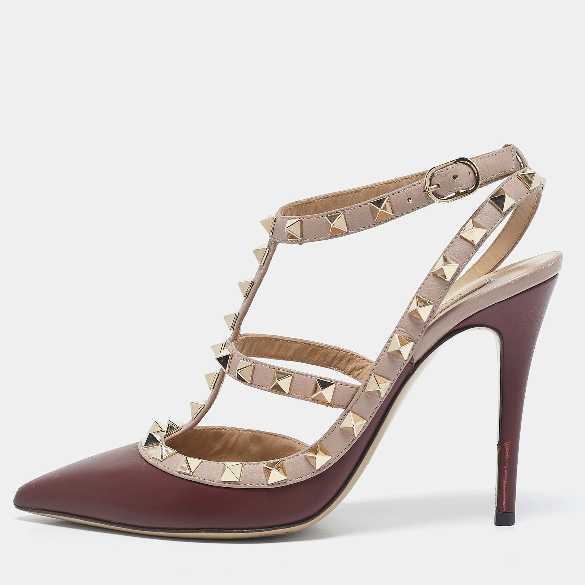 Valentino Burgundy /Beige Leather Rockstud Caged Pumps Size 37