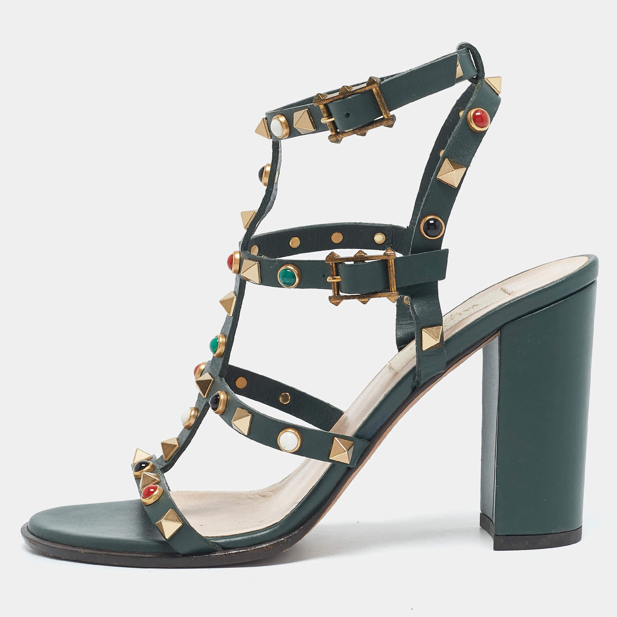 Pre Owned Valentino Dark Green Leather Rockstud Caged Ankle Strap Block Heel Sandals Size 37
