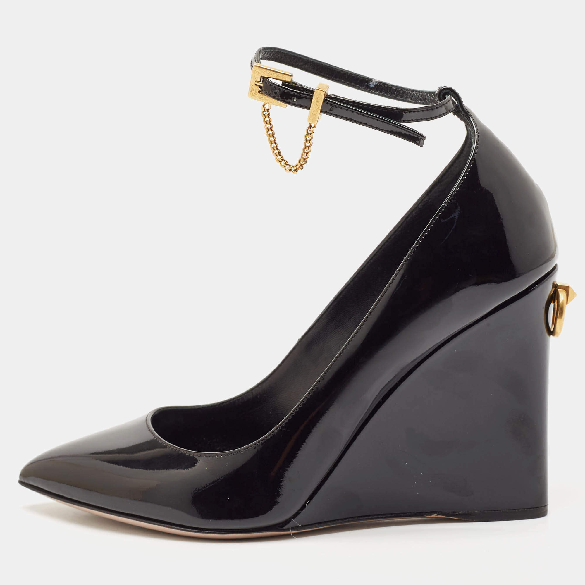 Pre Owned Valentino Black Patent Leather Ankle Strap Wedge Pumps 36