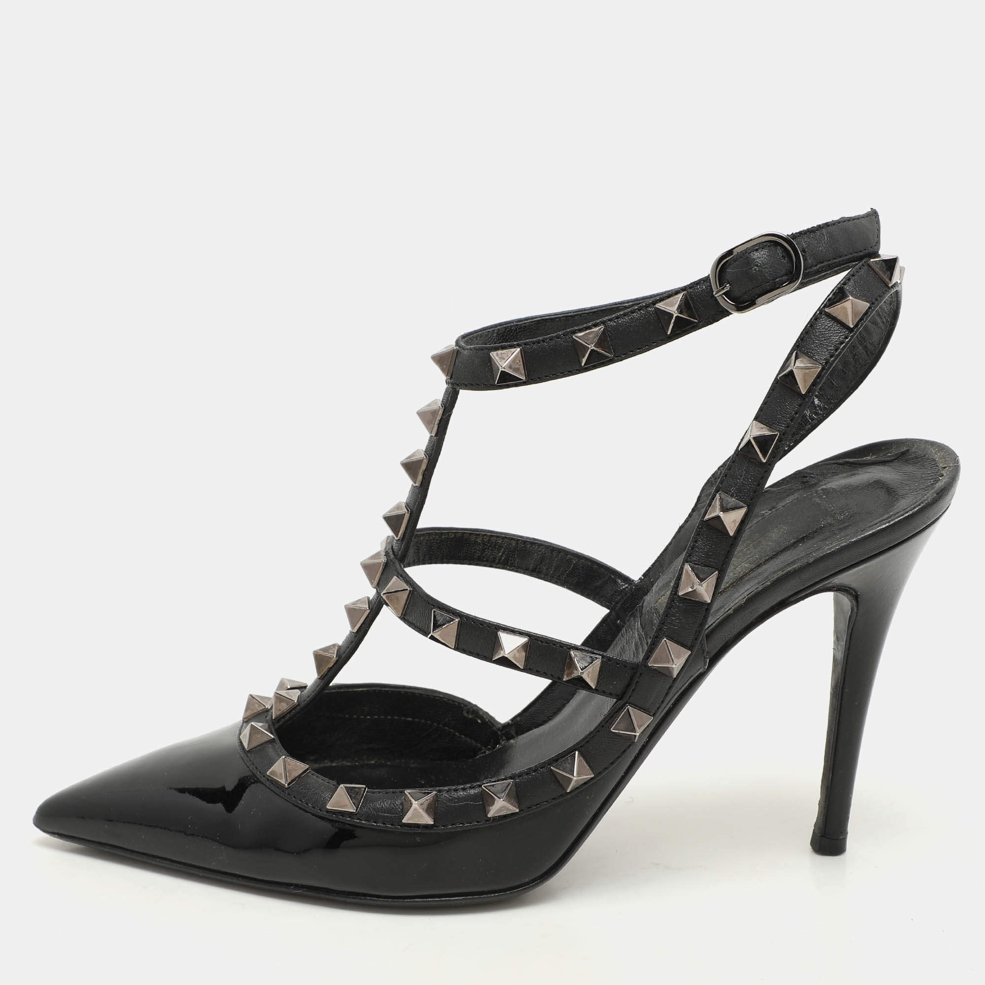 Pre Owned Valentino Black Patent Leather Rockstud Ankle Strap Pumps Size 37