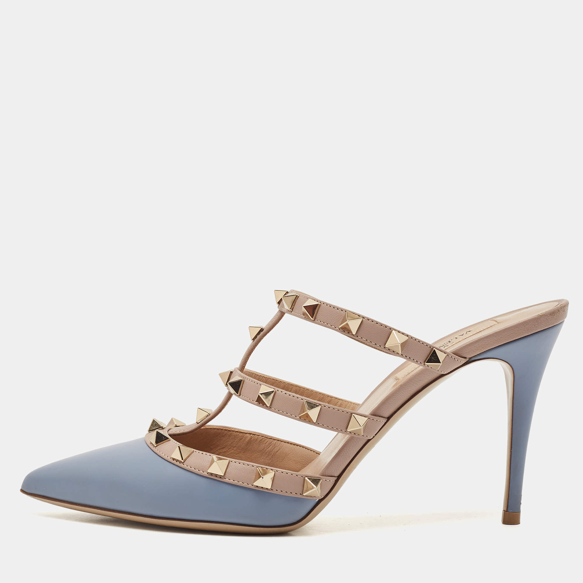 Valentino Blue/Beige Leather Rockstud Slide Sandals Size 39.5