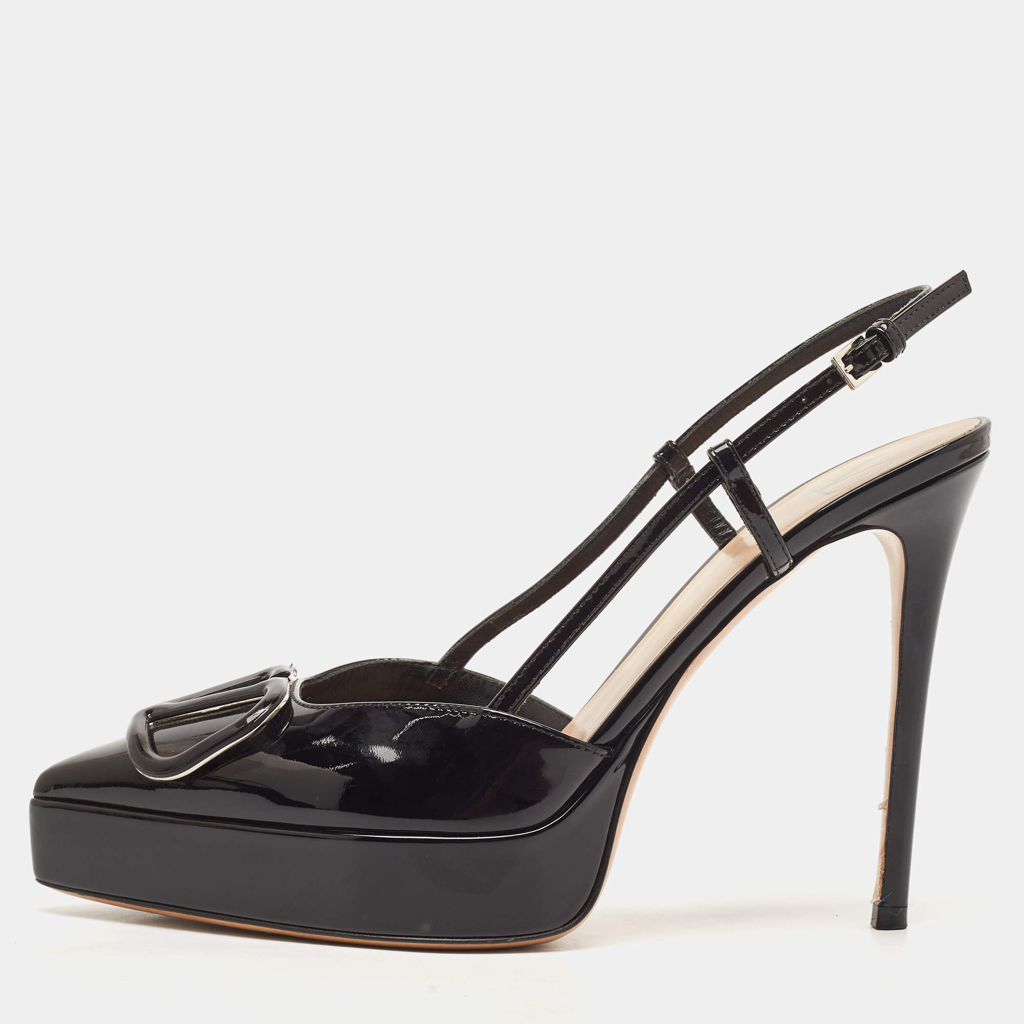 Pre Owned Valentino Black Patent Leather Vlogo Medallion Pumps Size 38