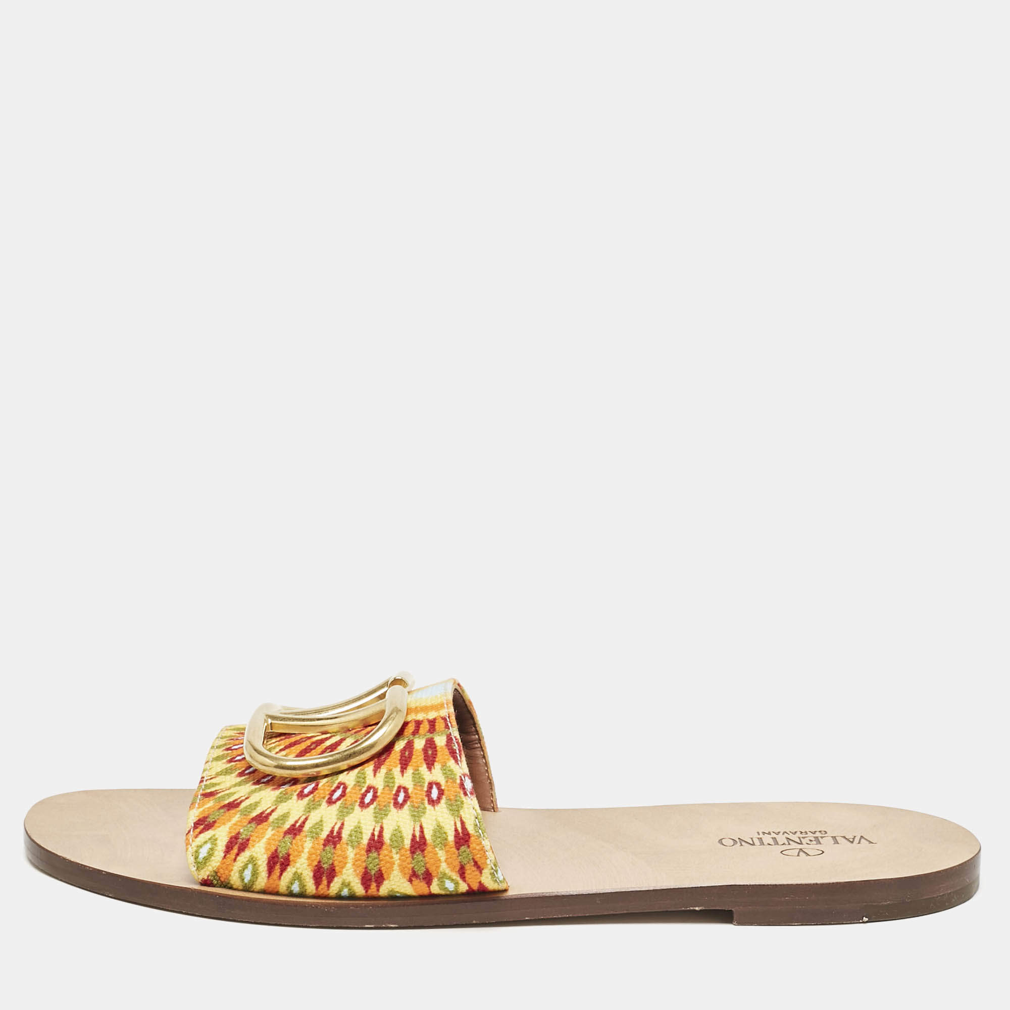 Pre Owned Valentino Multicolor Printed Canvas VLogo Flat Slides Size 40