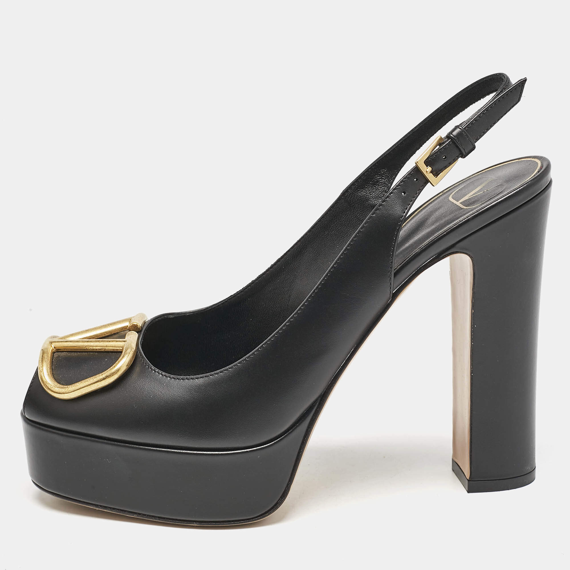 Pre Owned Valentino Black Leather Peep Toe Platform Slingback Pumps Size 38.5