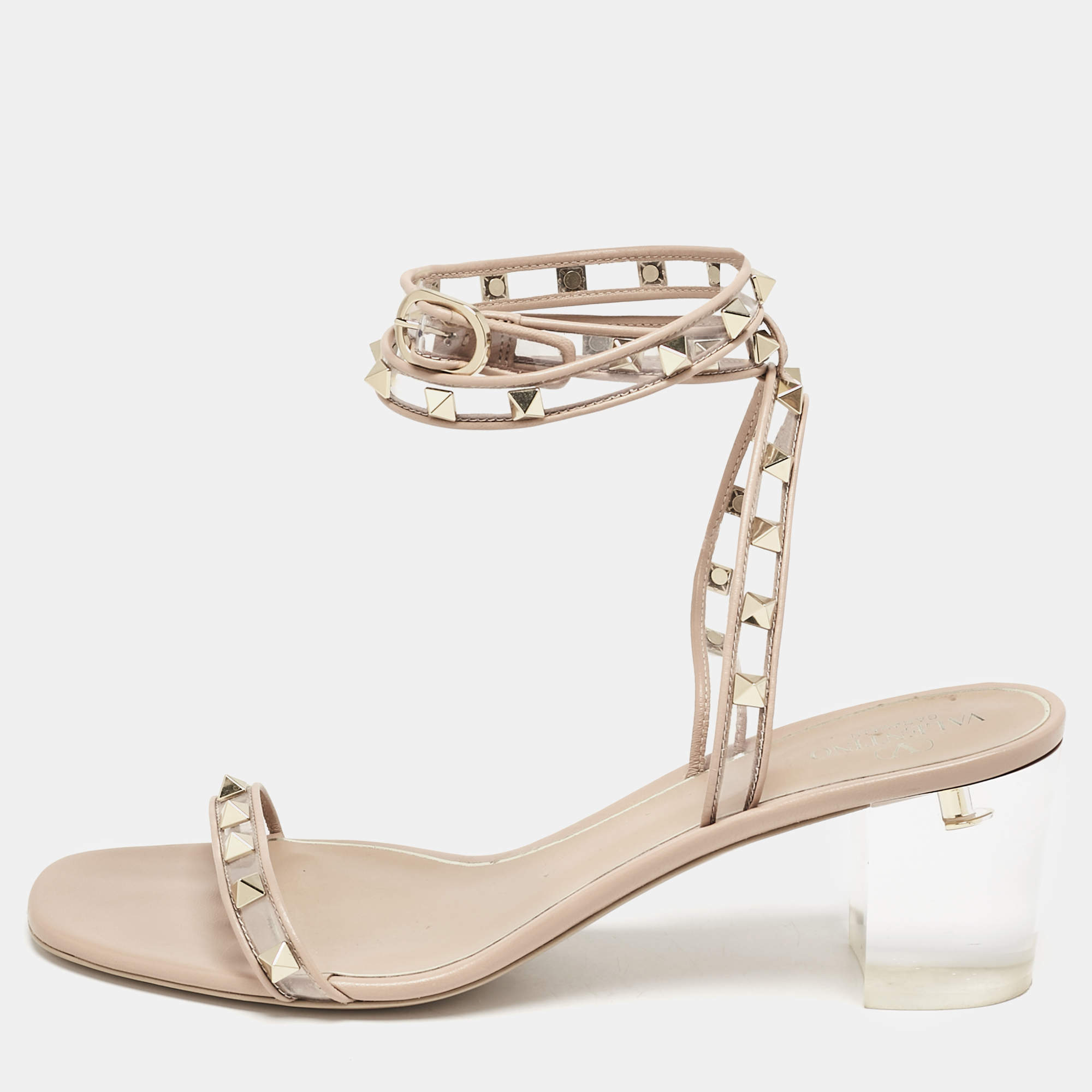 Pre Owned Valentino Blush Pink Leather and PVC Rockstud Ankle Strap Sandals Size 41