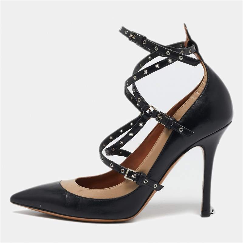 Valentino Beige/Black Leather Love Latch Detail Eyelet Embellished Pumps Size 37
