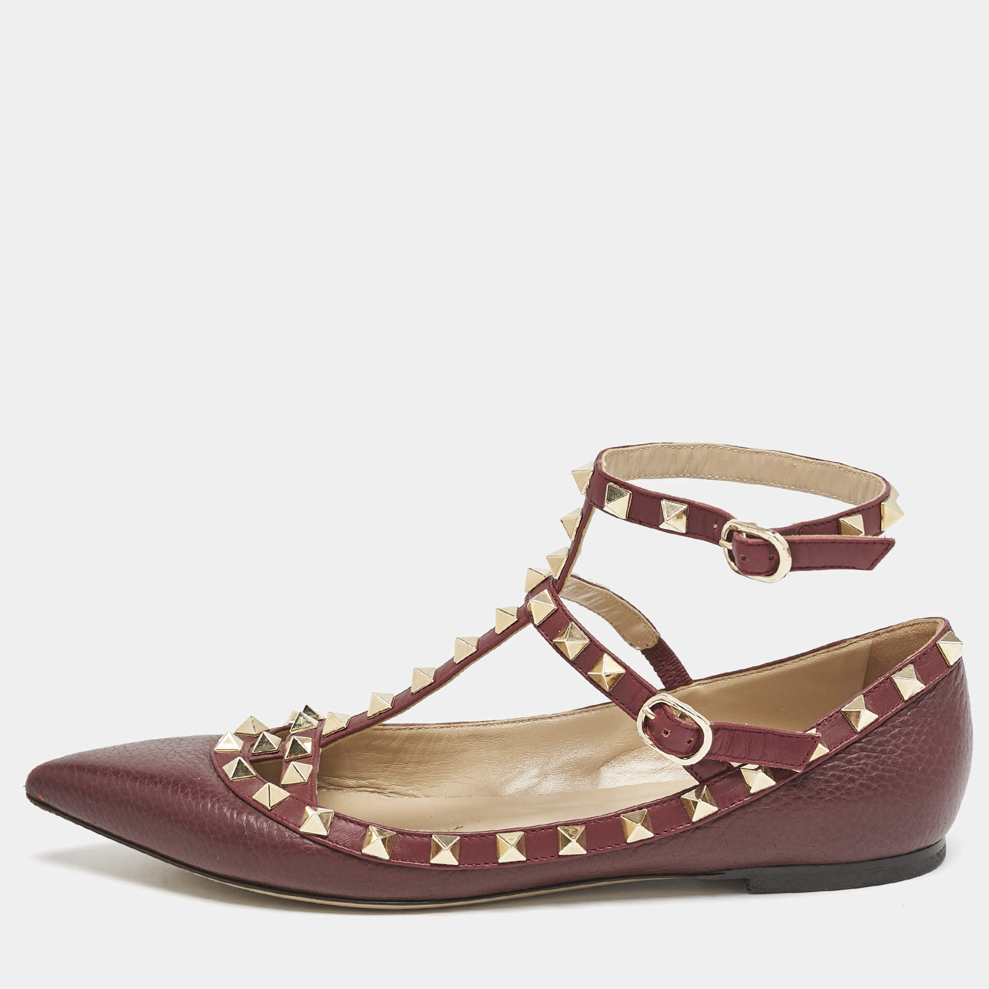 Valentino Burgundy Leather Rockstud Ballet Flats Size 38