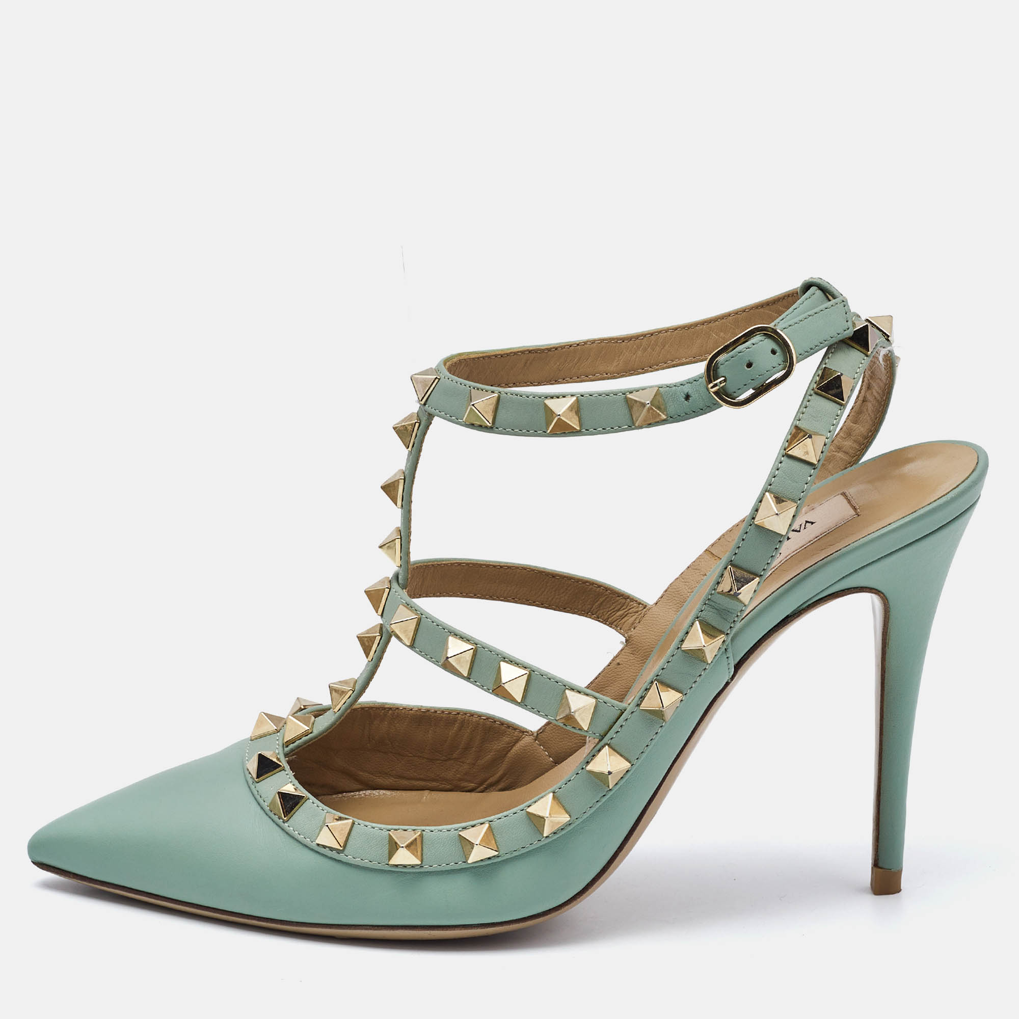 Valentino Light Green Leather Rockstud Ankle Strap Pumps Size 38.5
