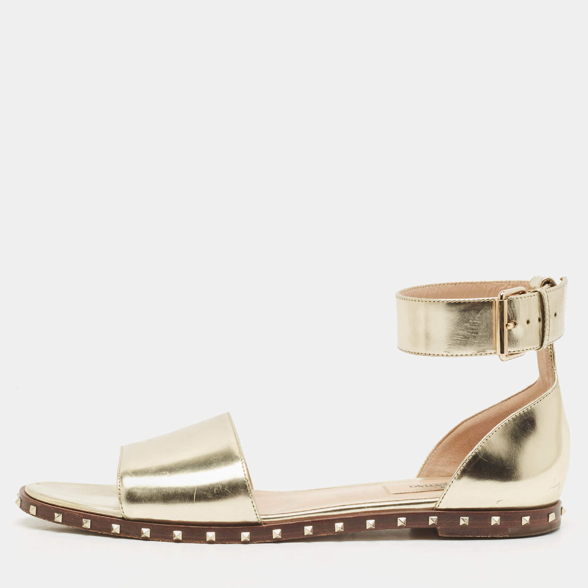Valentino Gold Leather Soul Rockstud Ankle Strap Flat Sandals Size 38