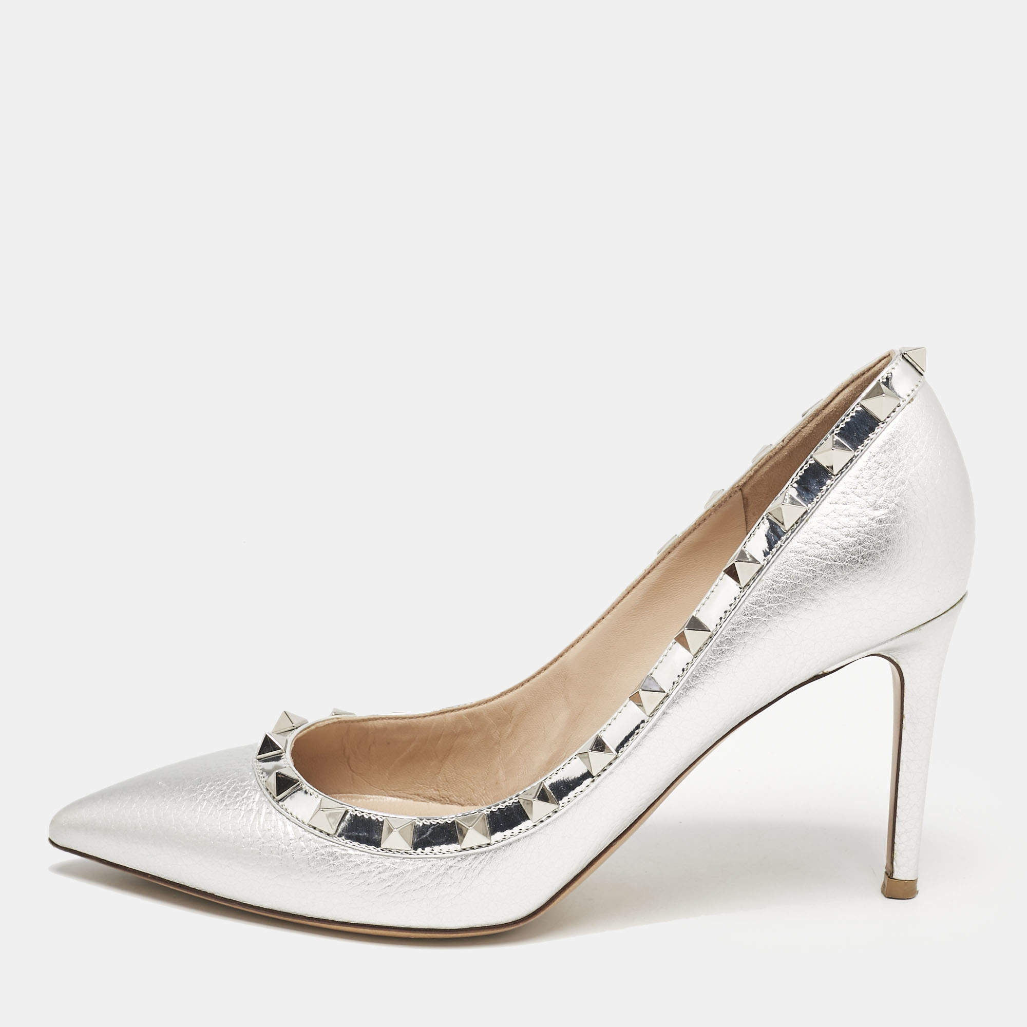 Valentino Silver Foil Leather Rockstud Pointed Toe Pumps Size 37.5