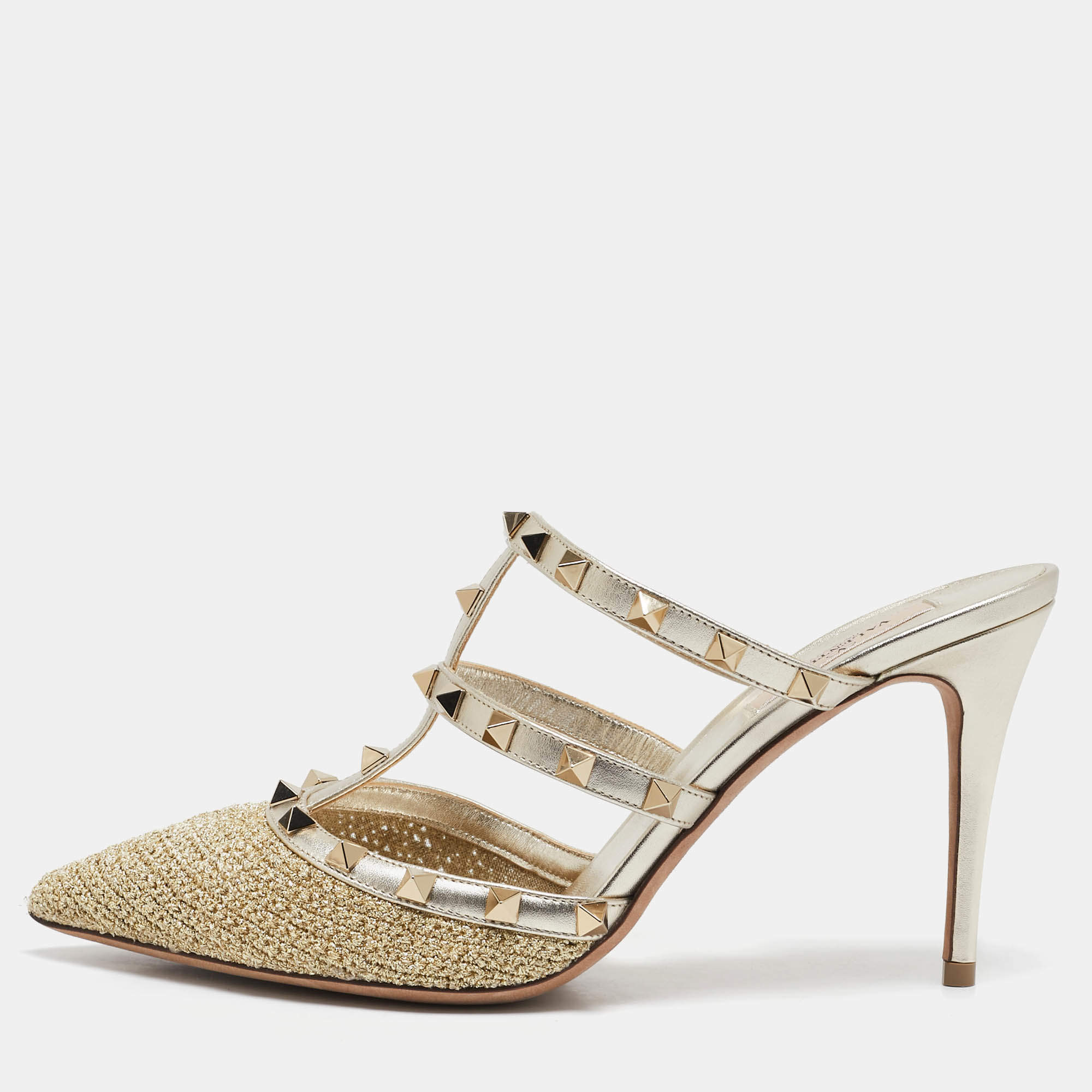 Valentino Gold Woven Lurex Fabric Rockstud Heel Mules Size 40.5