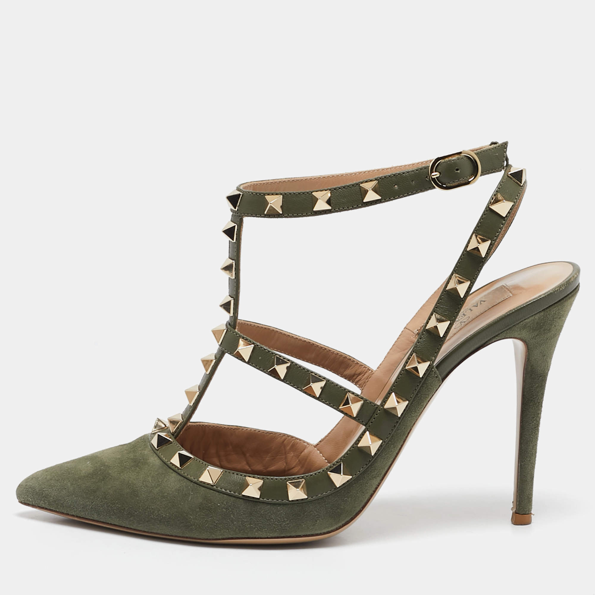 Pre Owned Valentino Olive Green Suede and Leather Rockstud Caged Pumps Size 40