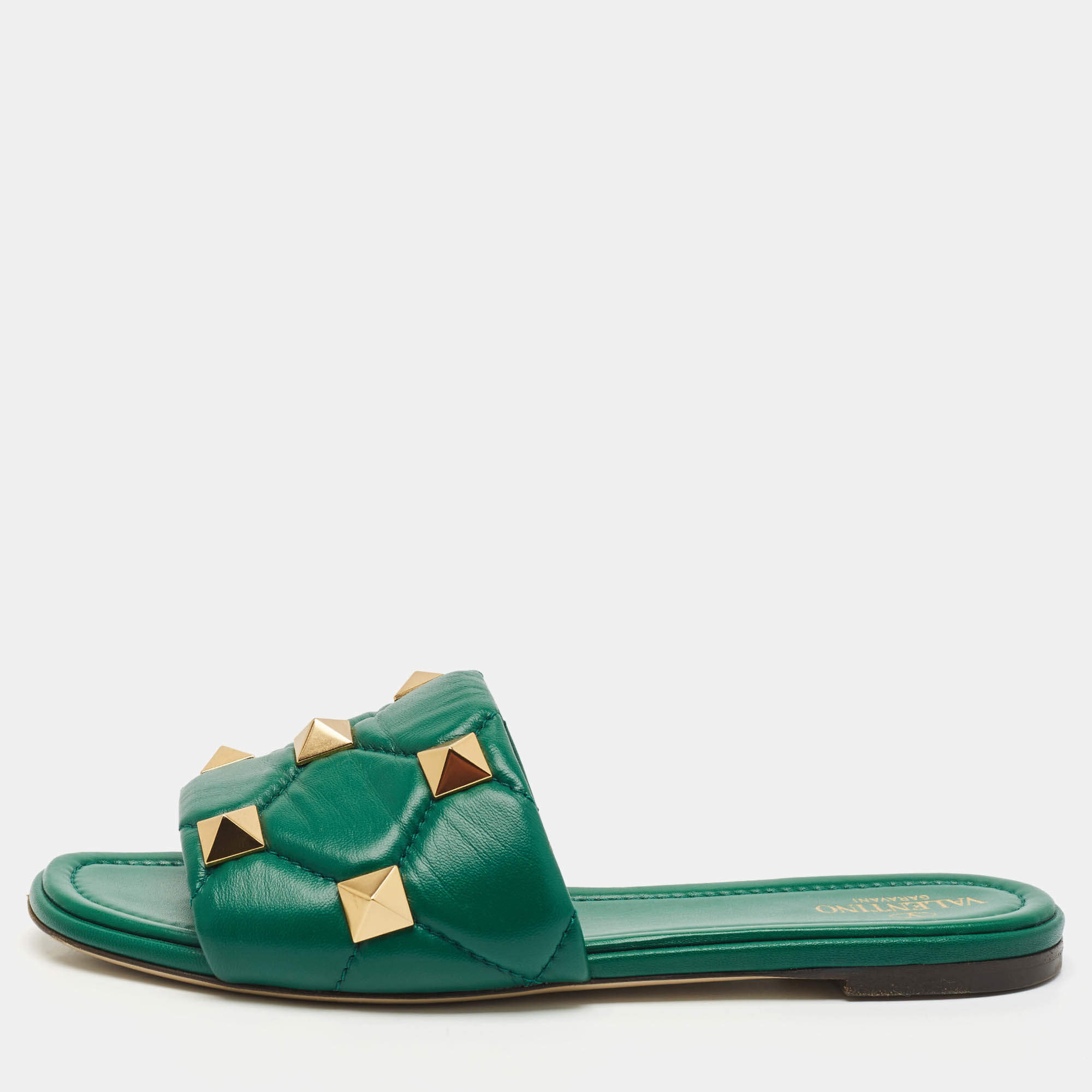 Pre Owned Valentino Green Quilted Leather Roman Stud Flat Slides Size 40