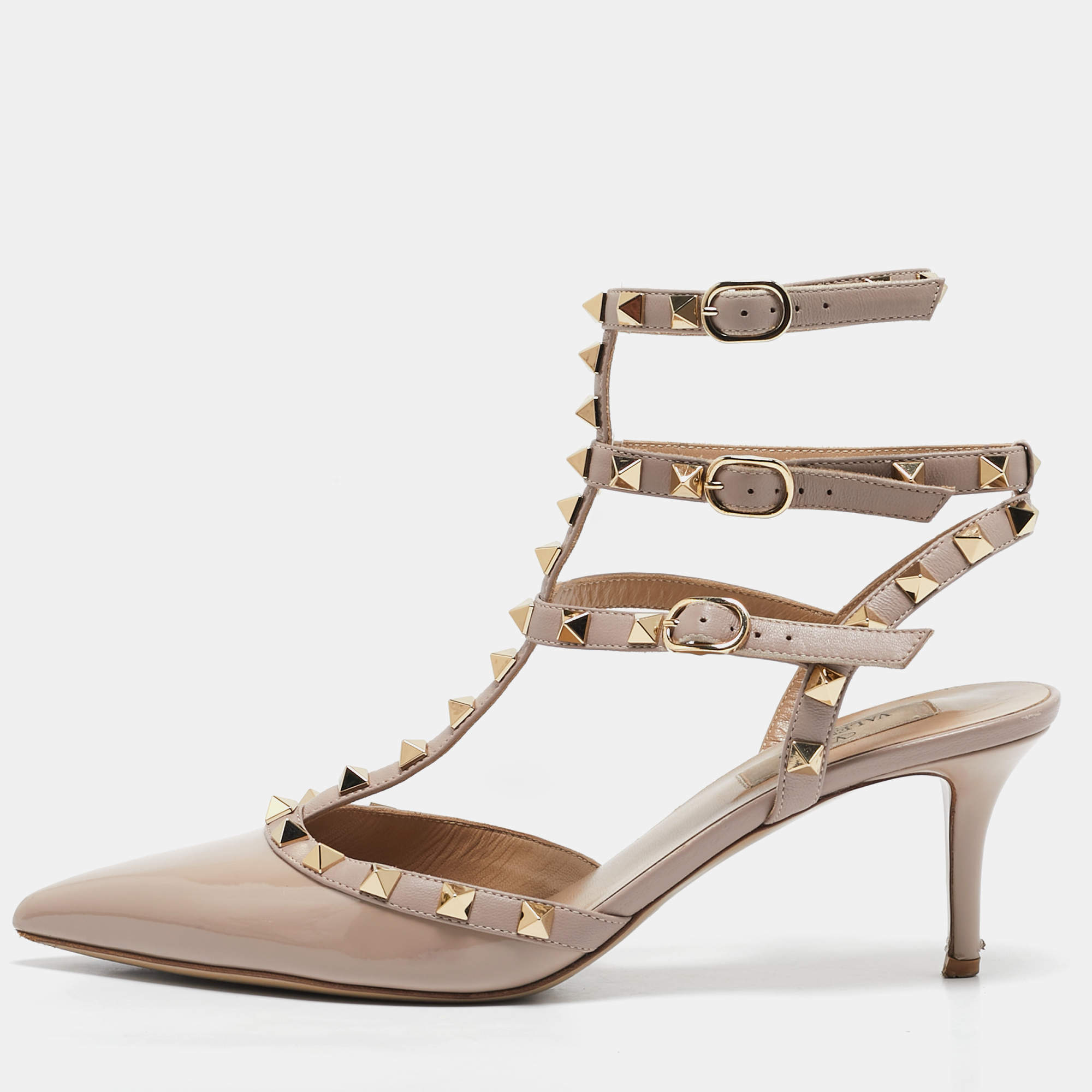 Valentino Beige/Pink Patent Leather and Leather Rockstud Ankle Strap Pumps Size 39.5