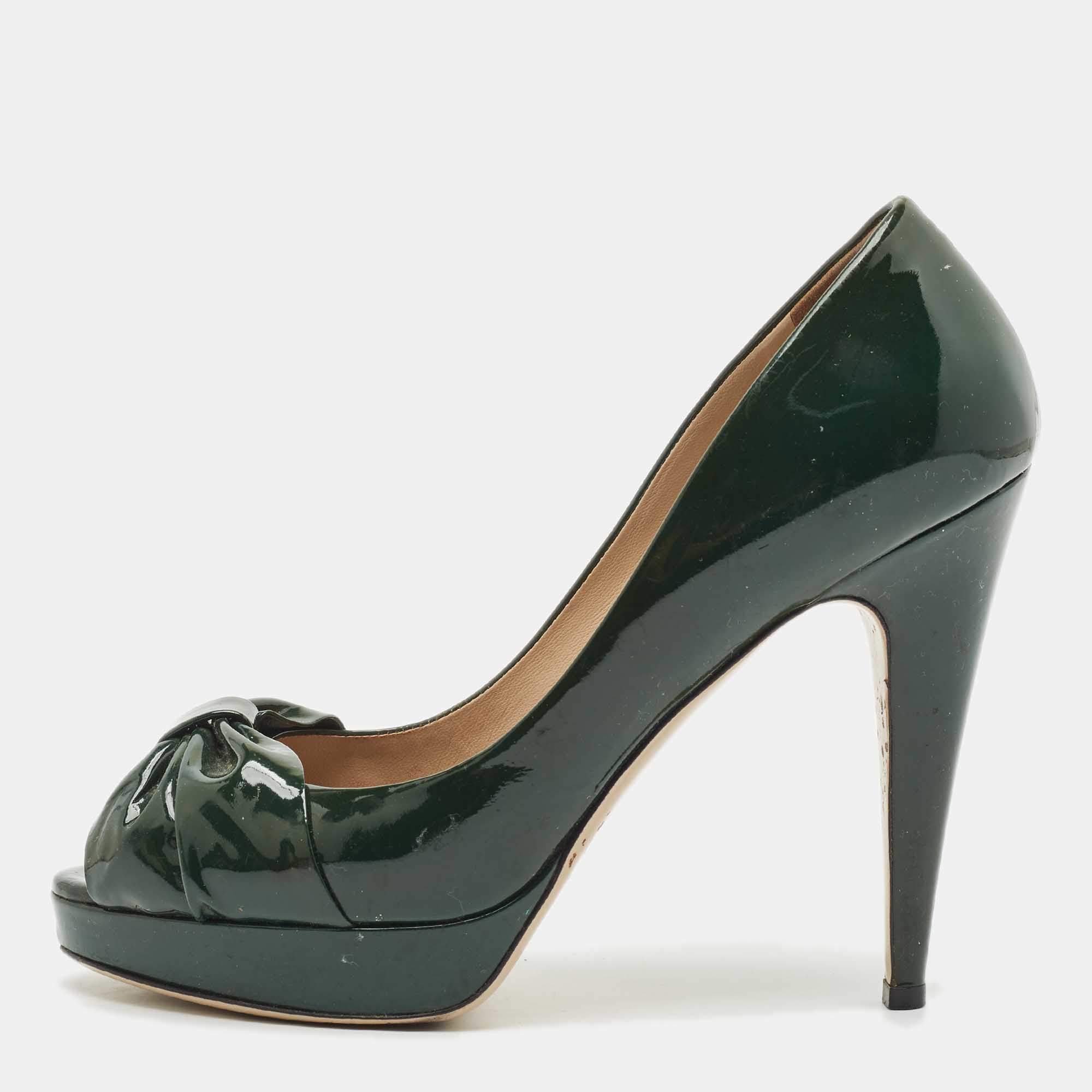 Pre Owned Valentino Green Patent Leather Knotted Bow Peep Toe Pumps Size 39.5