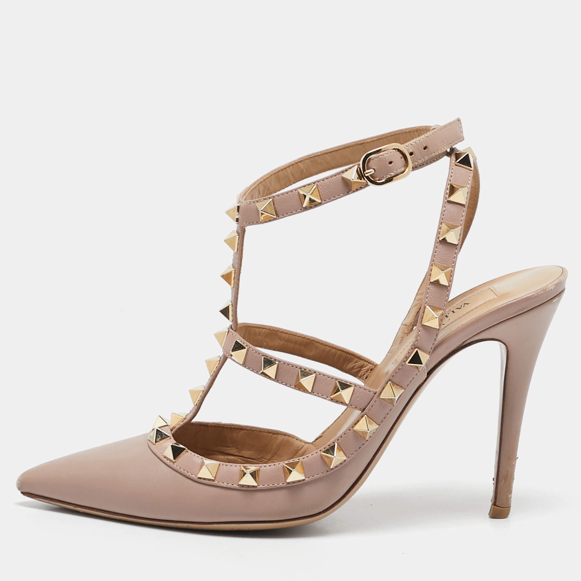 Pre Owned Valentino Beige Leather Rockstud Ankle Strap Pumps Size 37