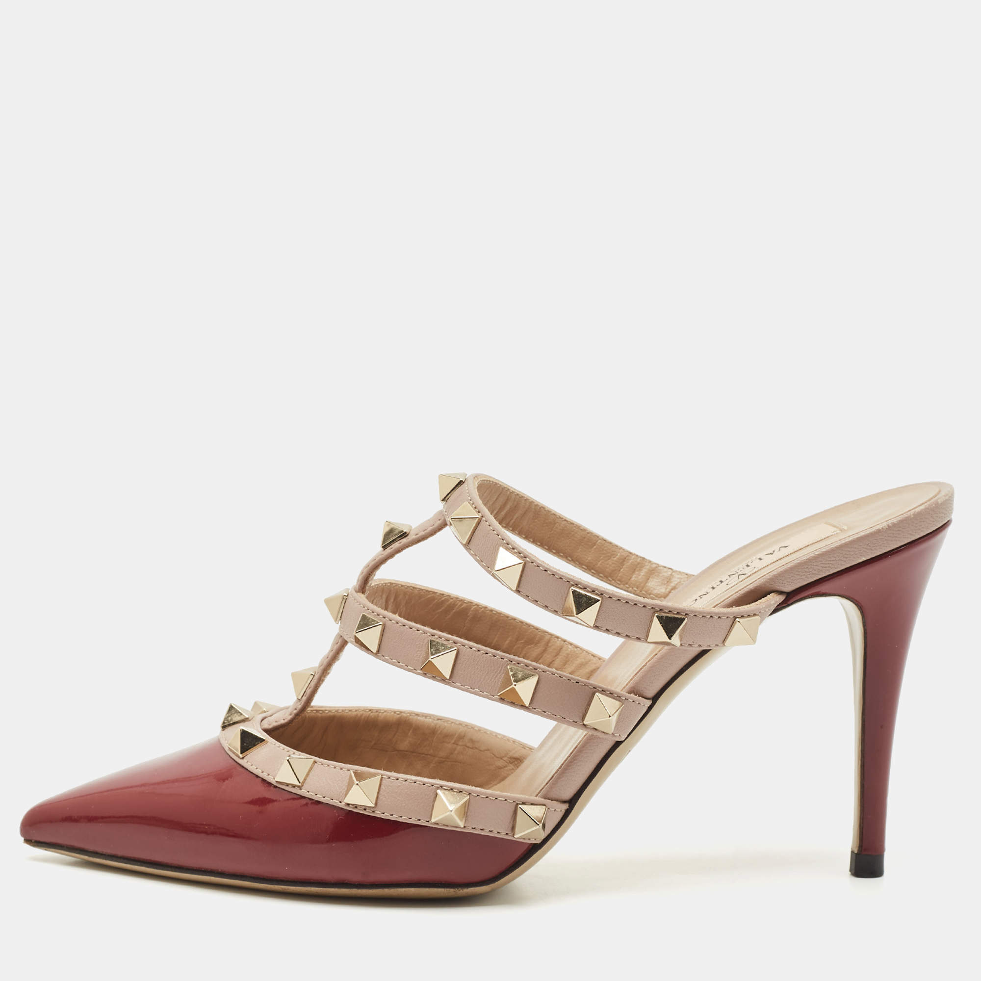 Pre Owned Valentino Burgundy/Beige Patent and Leather Rockstud Mule Sandals Size 36